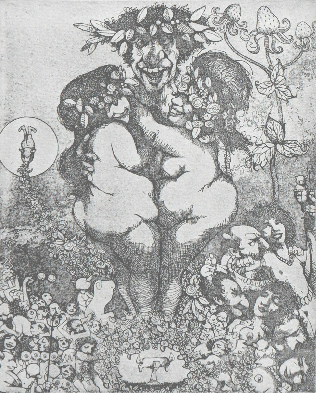 A black and white drawing of a man holding a child in his arms.