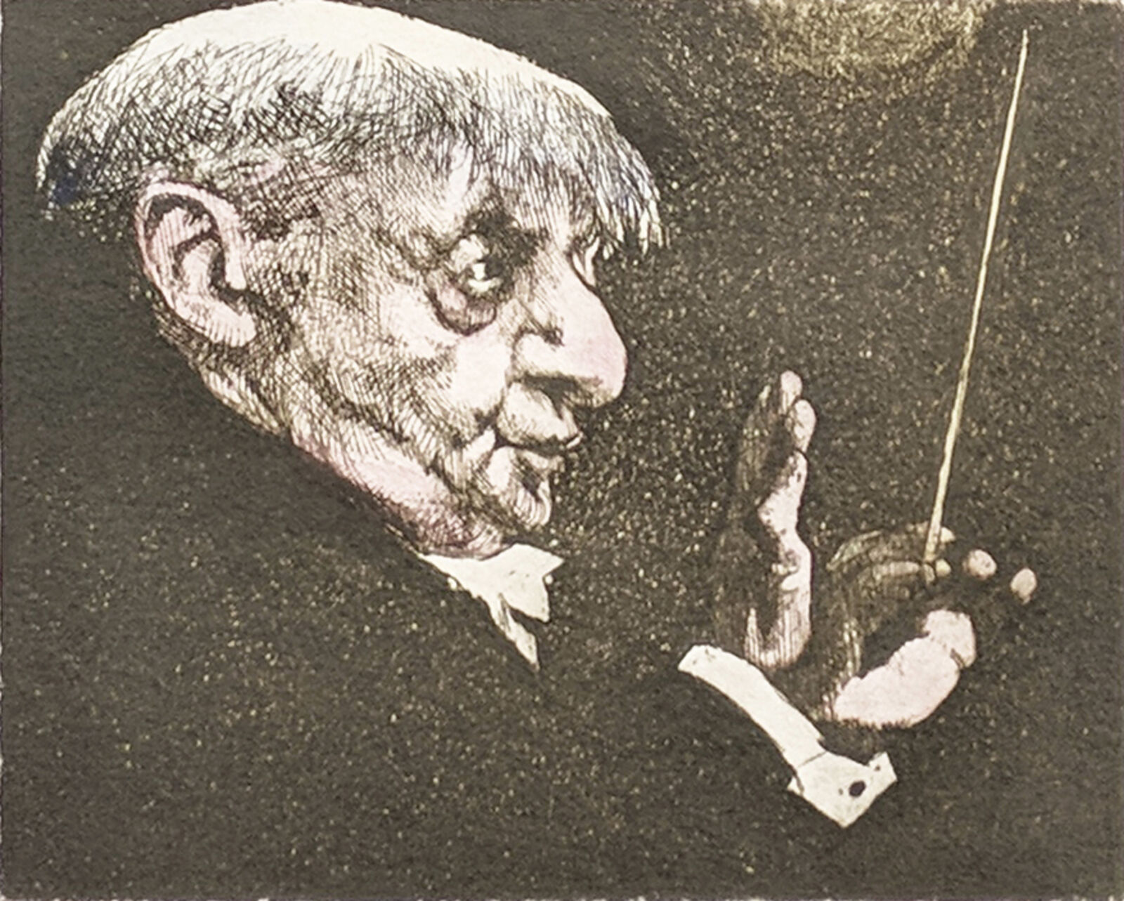 A black and white drawing of a man holding a baton.