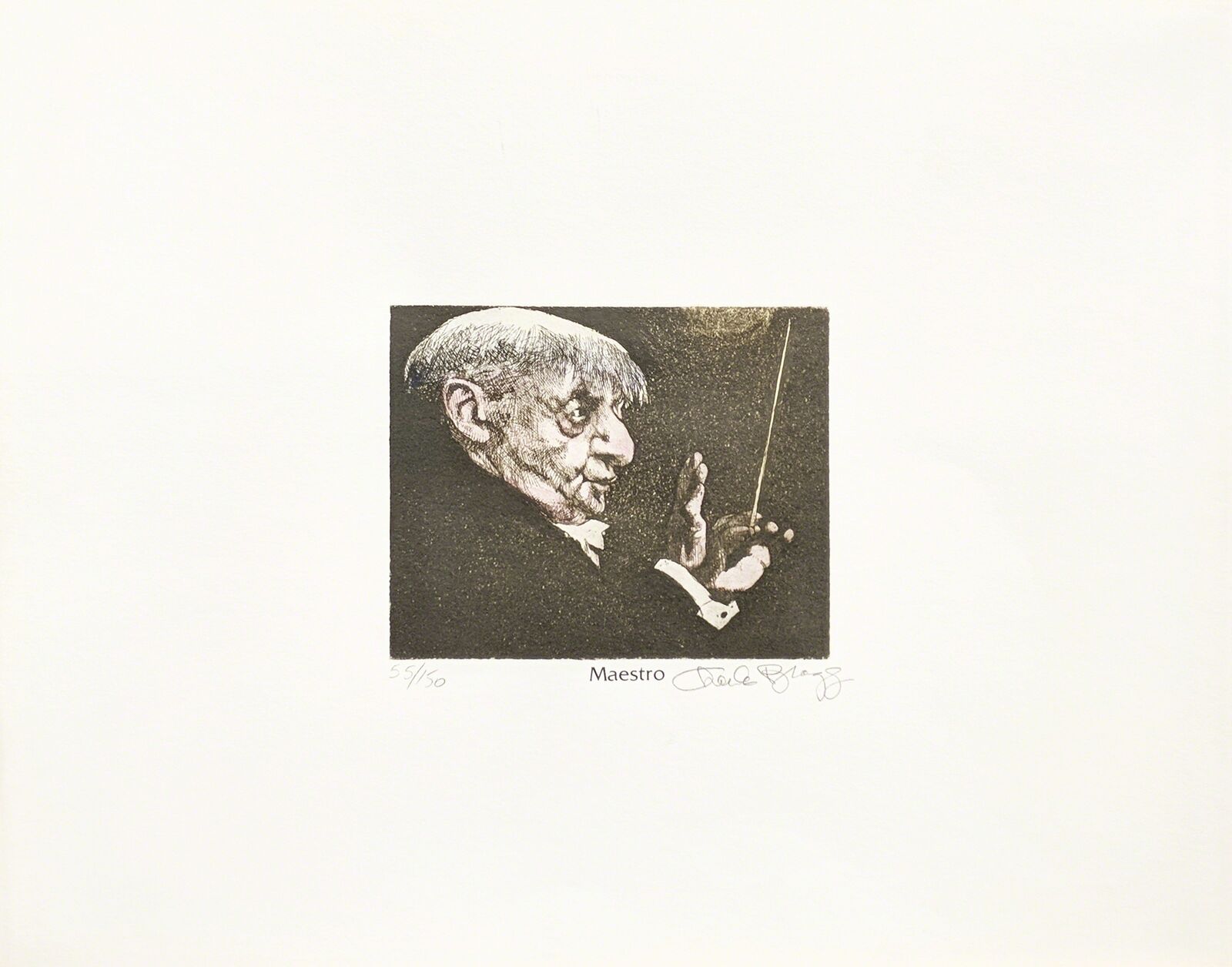 A black and white drawing of a man holding a baton.