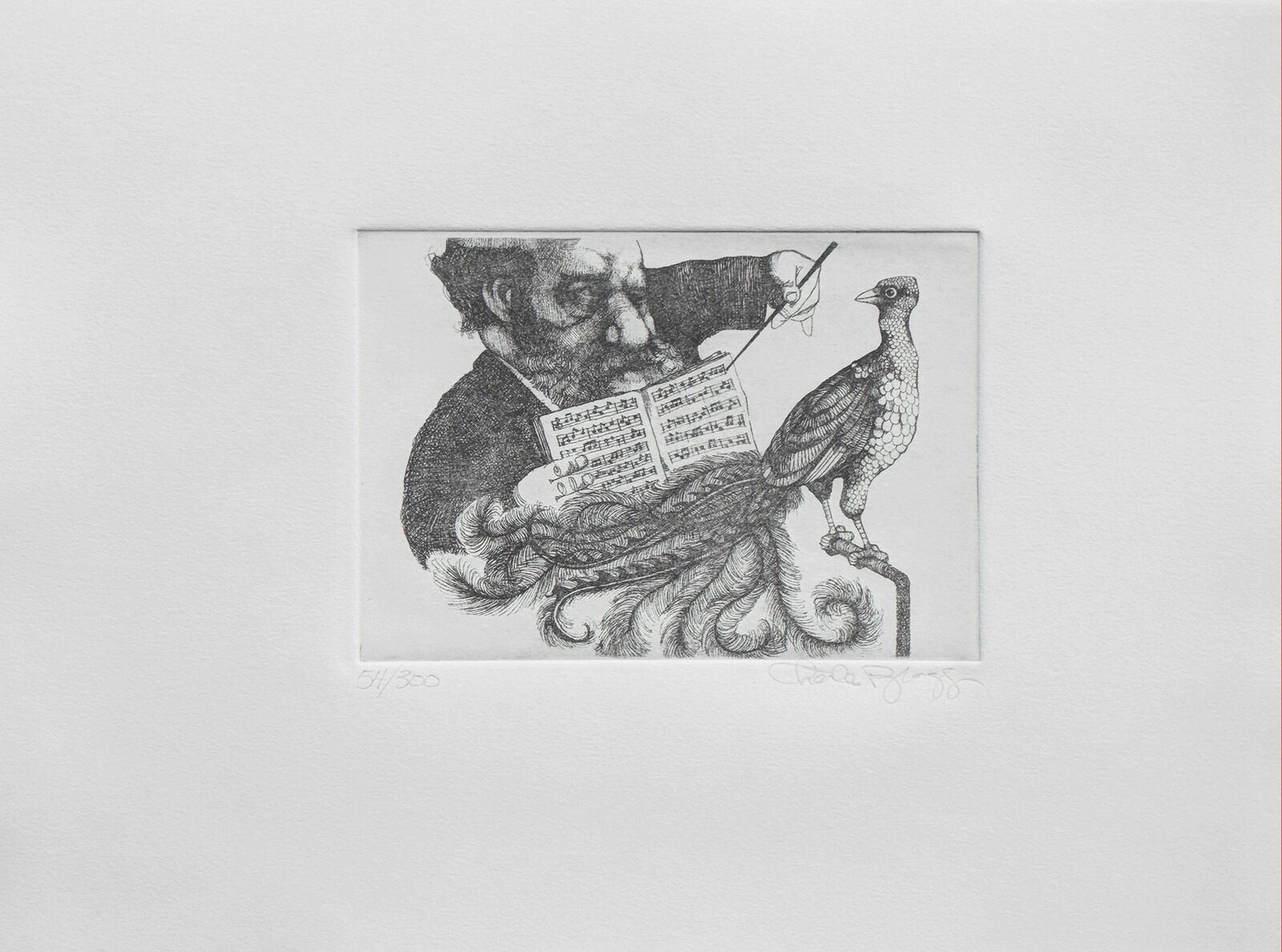 A drawing of a man holding a bird and a sheet of music.