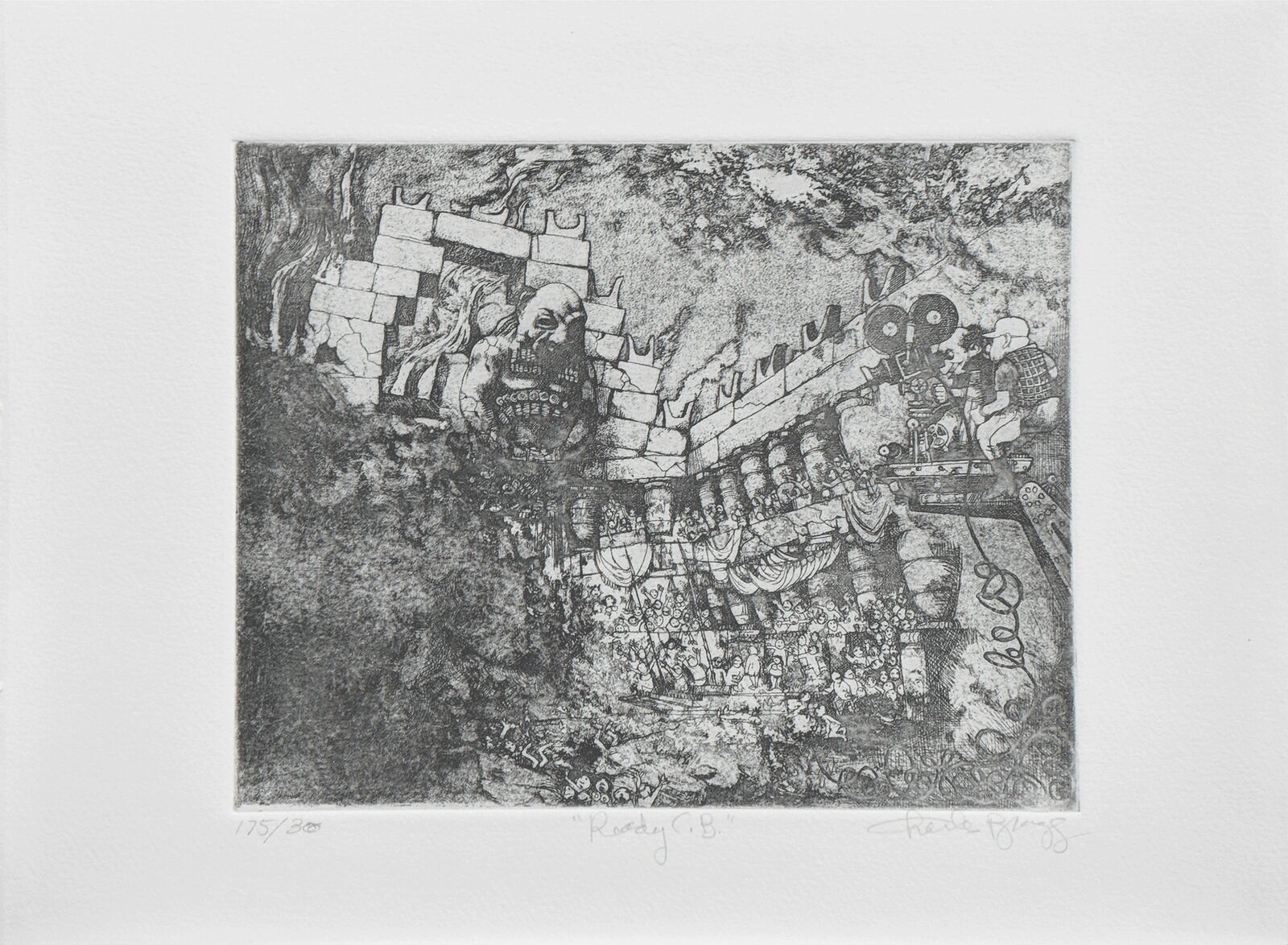 A black and white drawing of a castle with a skull on the wall.