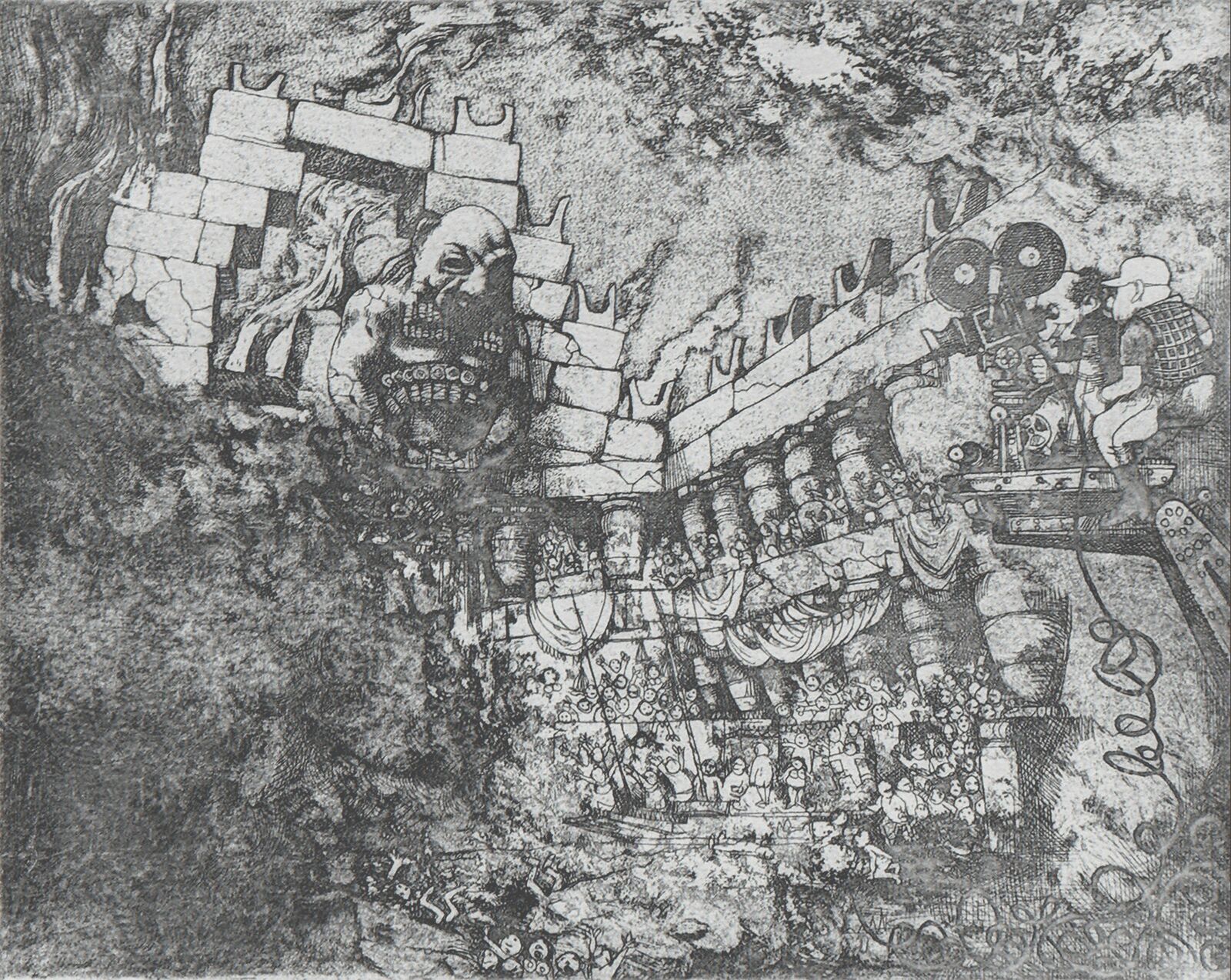 A black and white drawing of a castle with a skull on the wall.