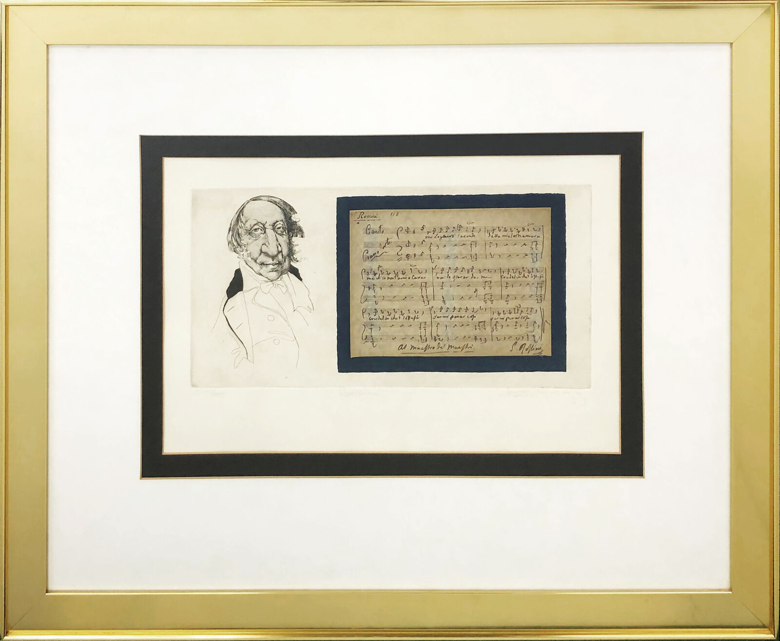 A framed drawing of a man with a sheet of music.