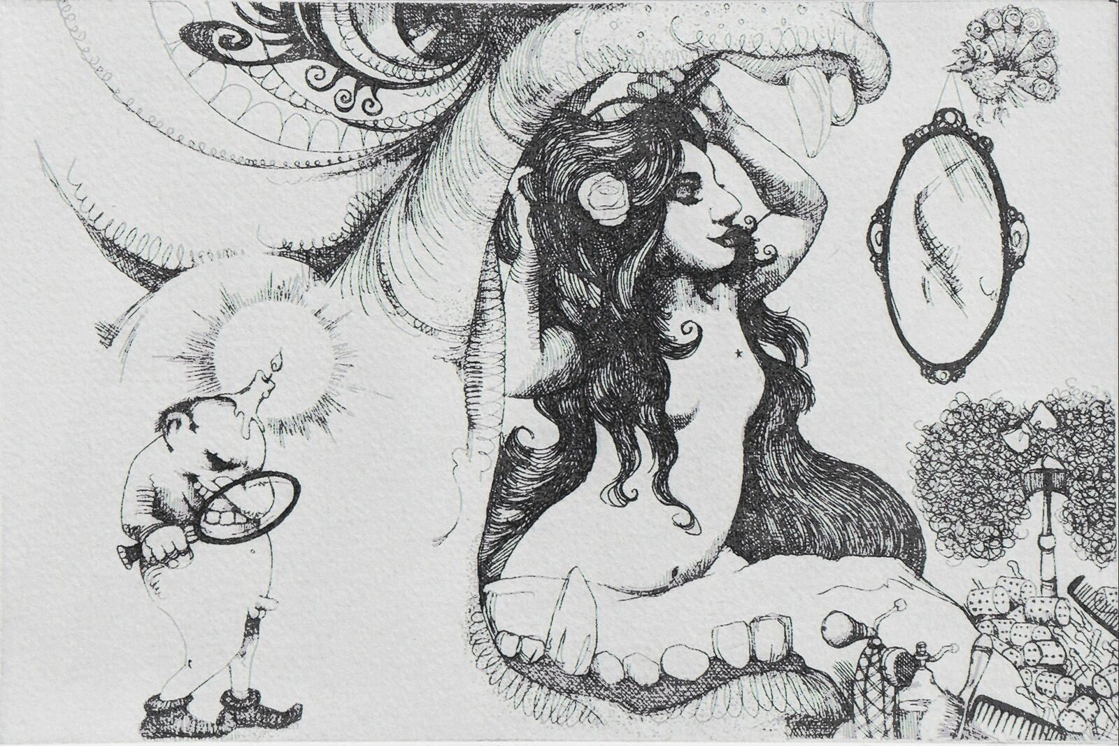 A black and white drawing of a woman looking at herself in a mirror.