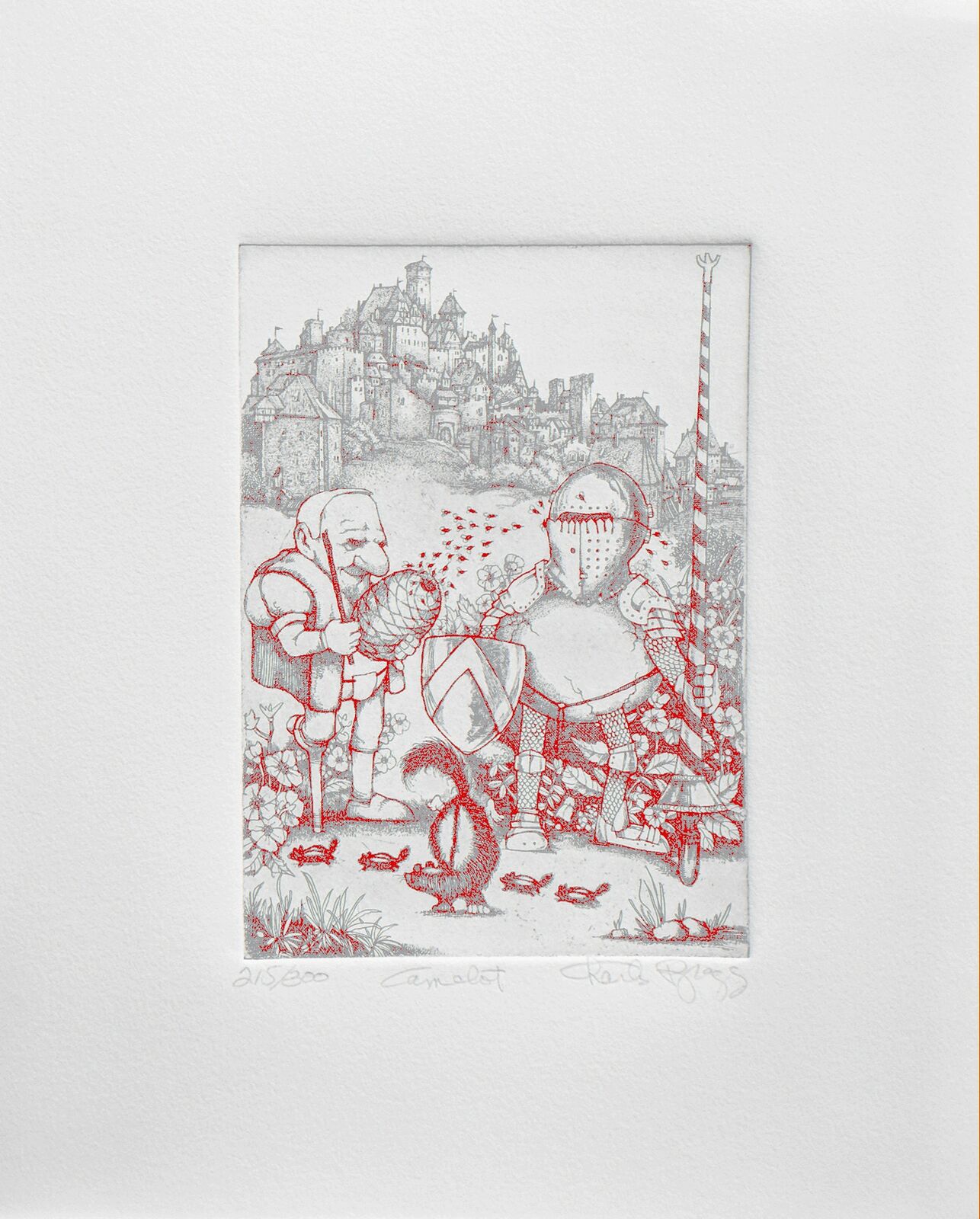 A red and white illustration of a knight and a squirrel in front of a castle.