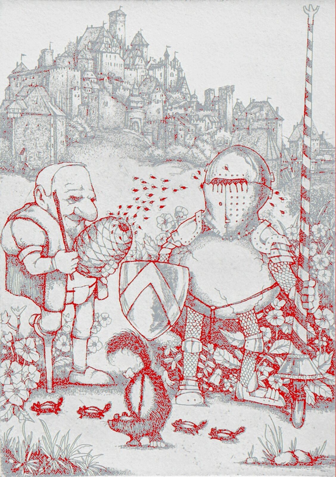 A red and white illustration of a knight and a squirrel in front of a castle.