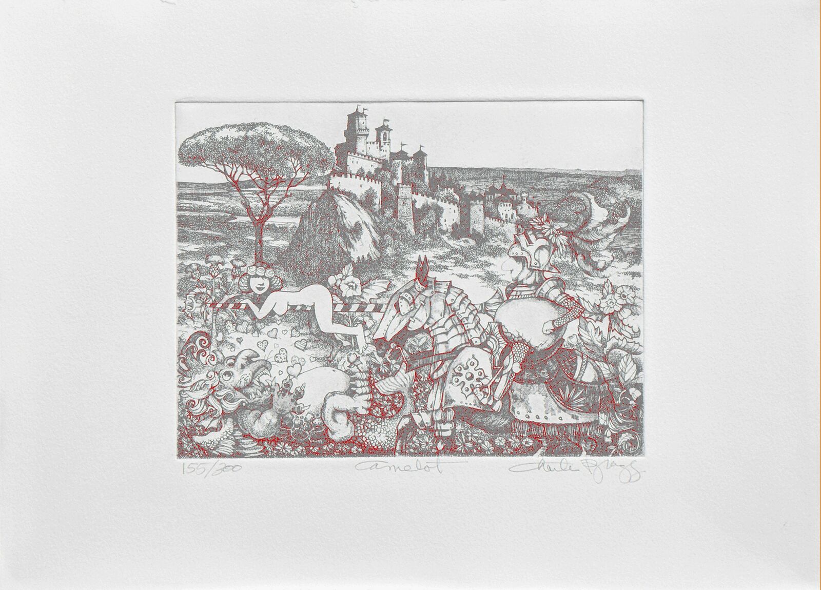 A black and white drawing of a castle in the background.