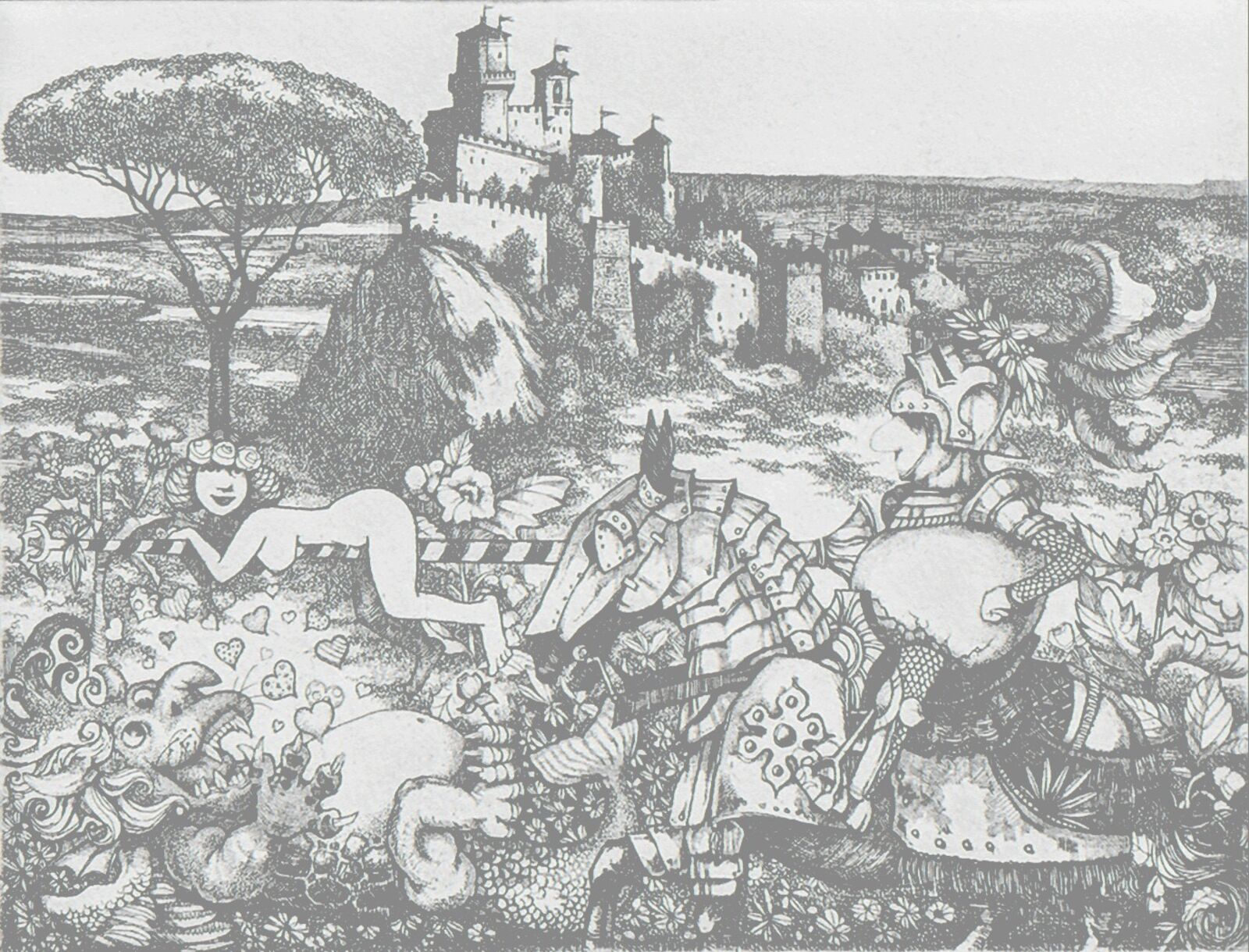 A black and white drawing of a castle in the background.