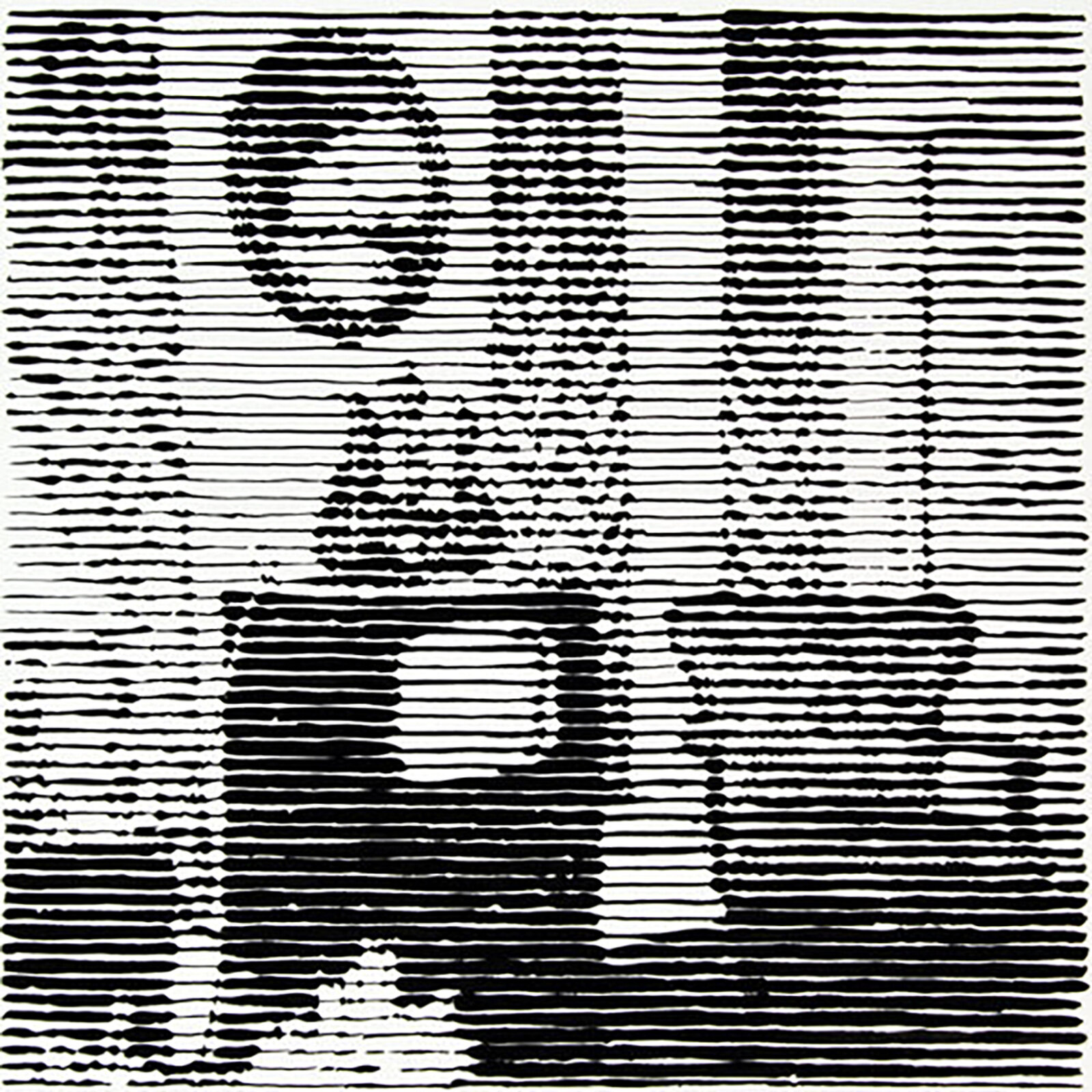 A black and white drawing of a man's face on a striped background.