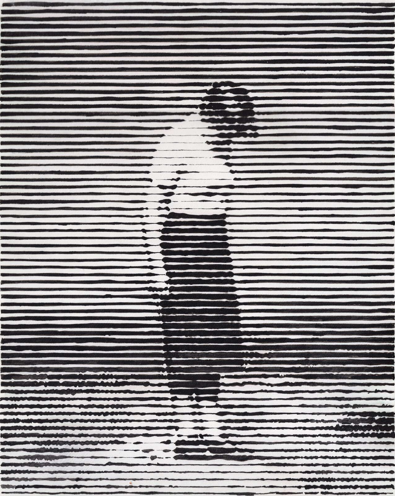 A black and white drawing of a person standing in front of a striped wall.