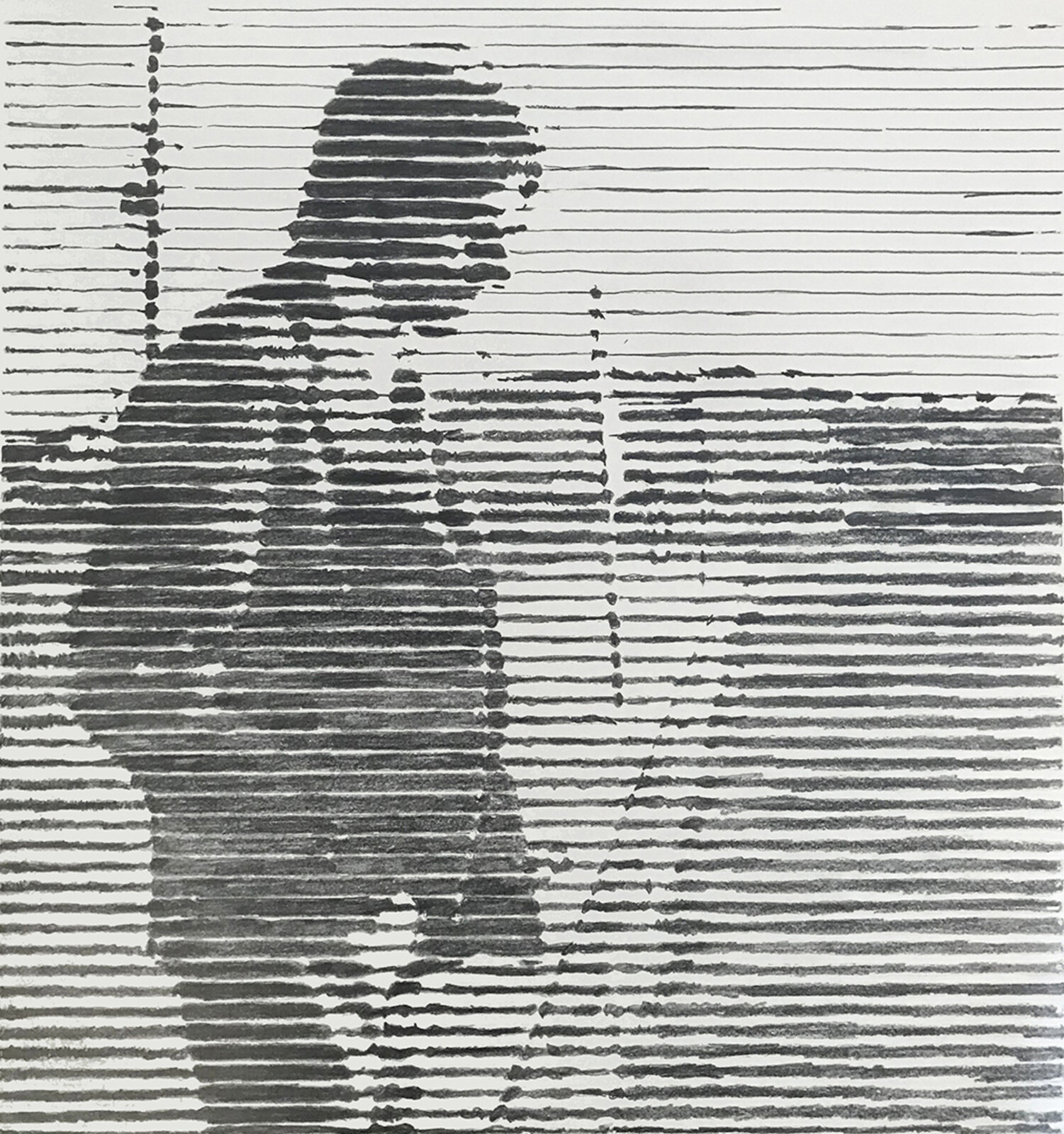 A black and white drawing of a man standing in front of a window.