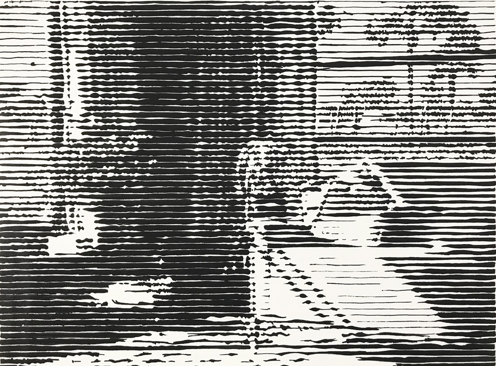 A black and white drawing of a boat in the water.