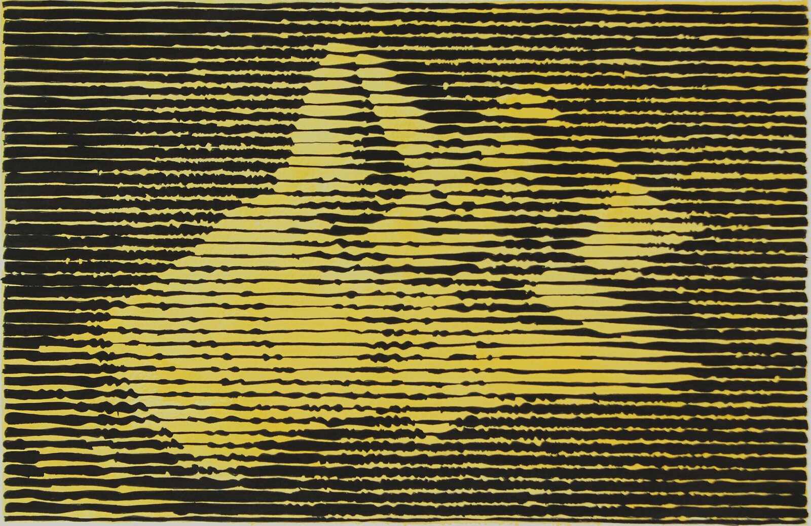 A black and yellow painting on a white wall.