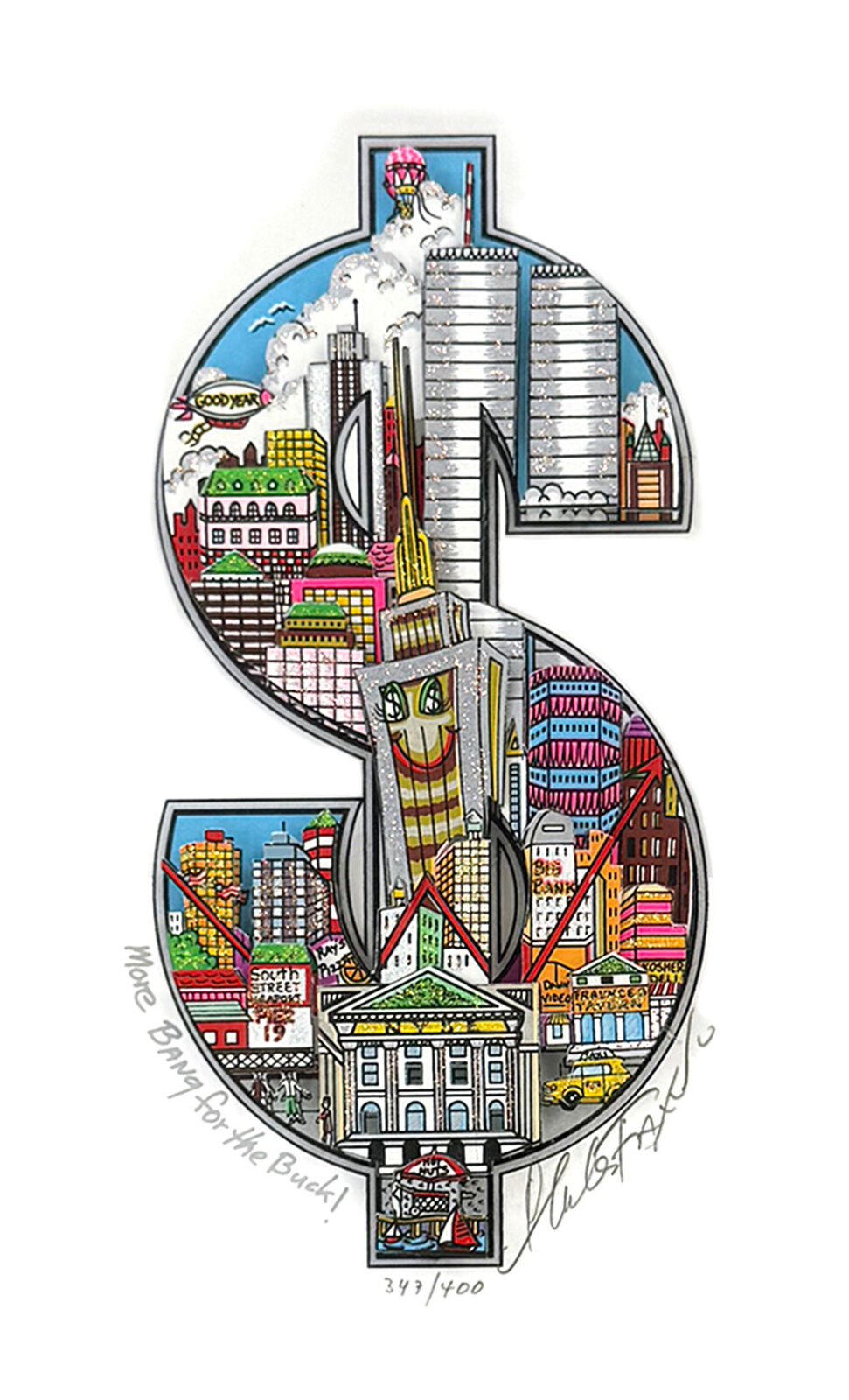 Artwork by Charles Fazzino, More Bang for the Buck! , Made of 3D mixed media serigraph 
