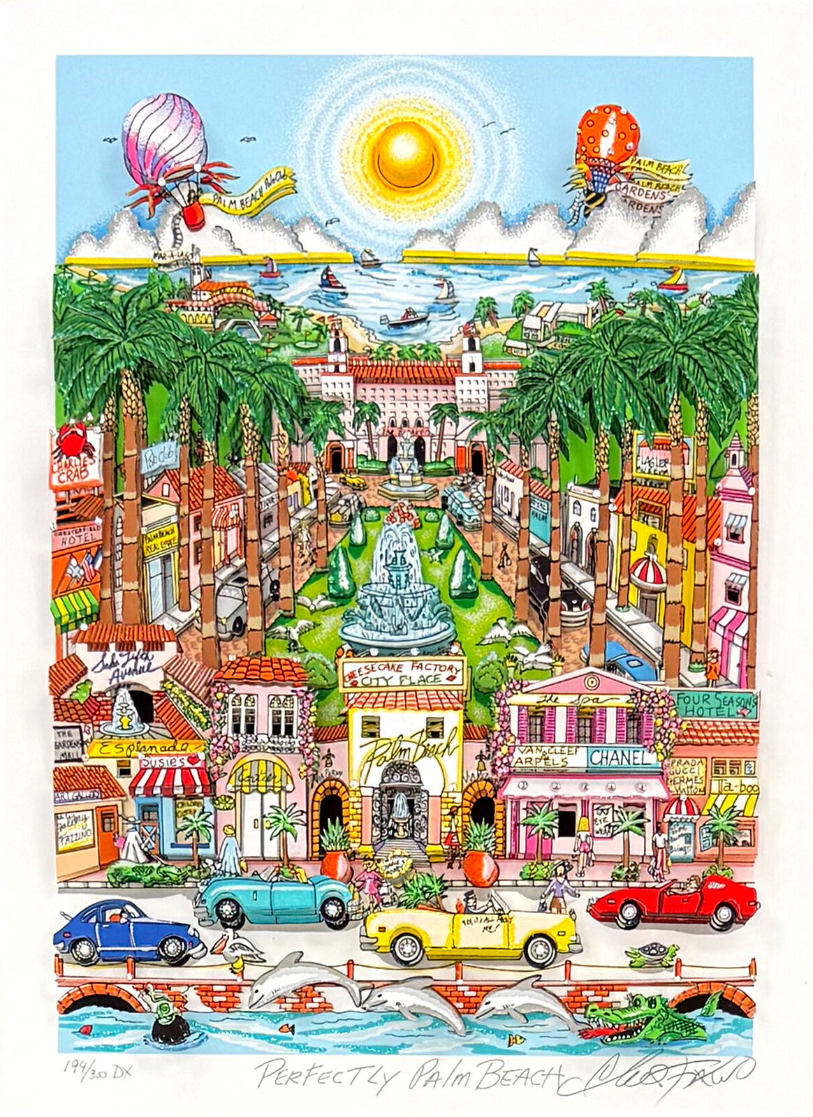 Artwork by Charles Fazzino, Perfectly Palm Beach, Made of 3D mixed media serigraph 