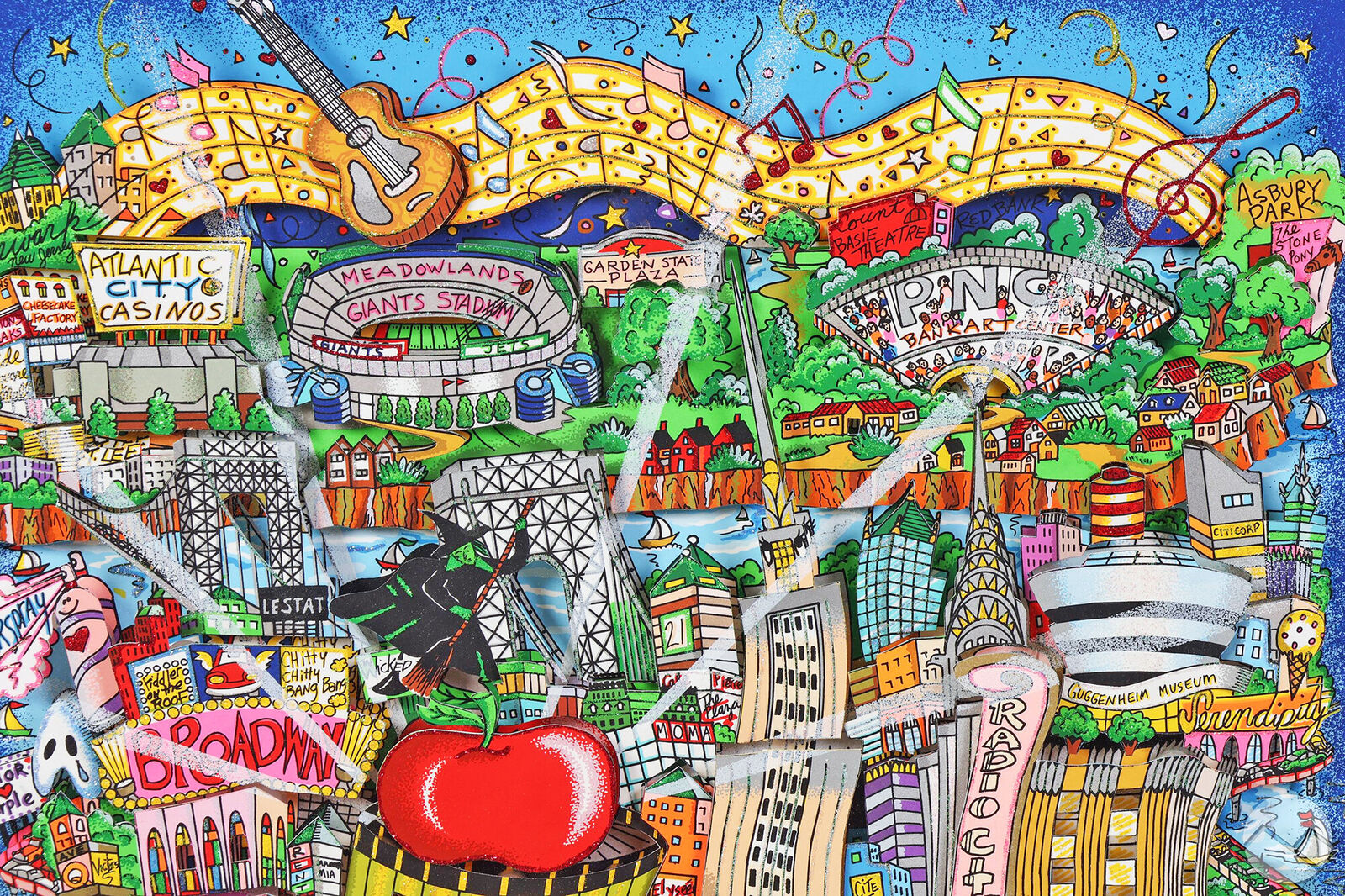 Artwork by Charles Fazzino, There's Music...New Jersey, New York, Long Island Too!!, Made of 3D mixed media serigraph 