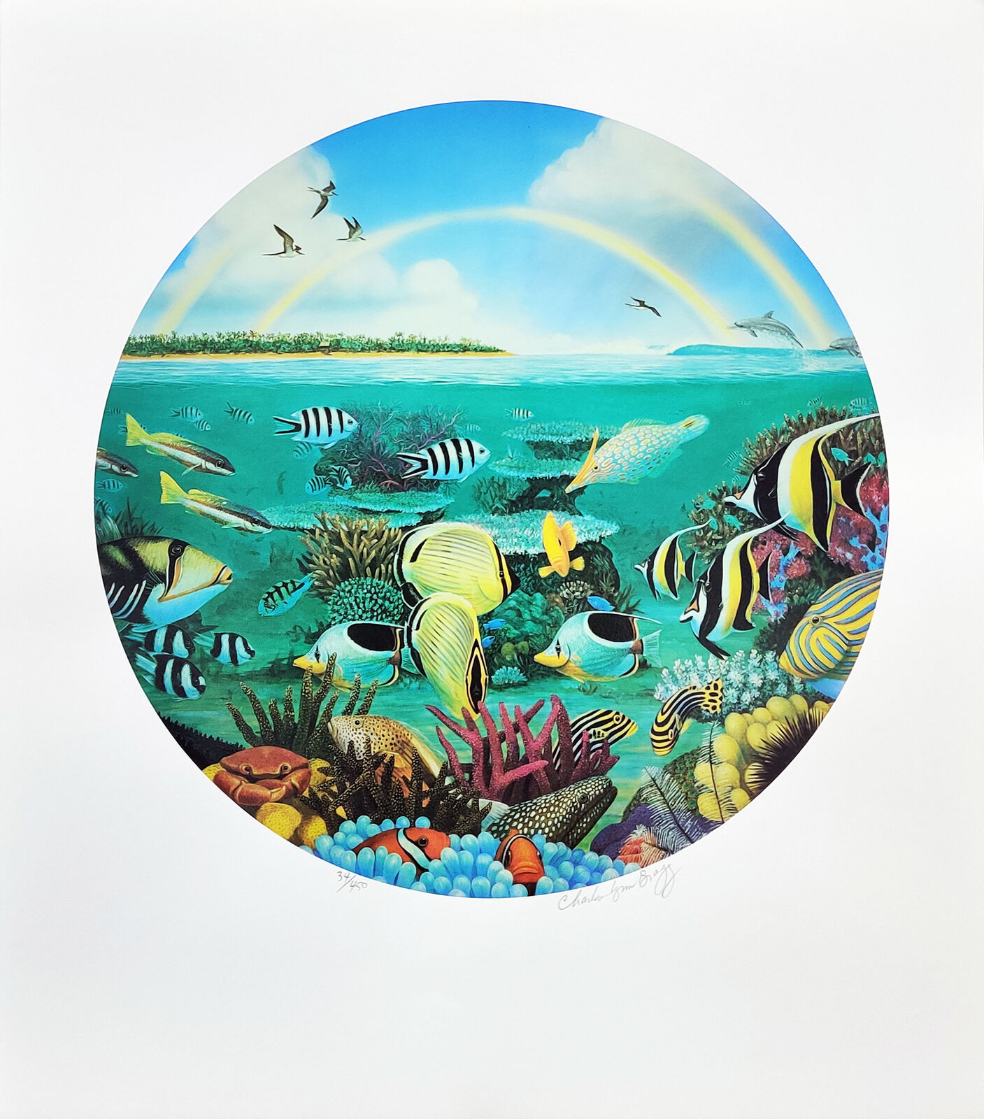 A painting of a rainbow over a coral reef with fish.