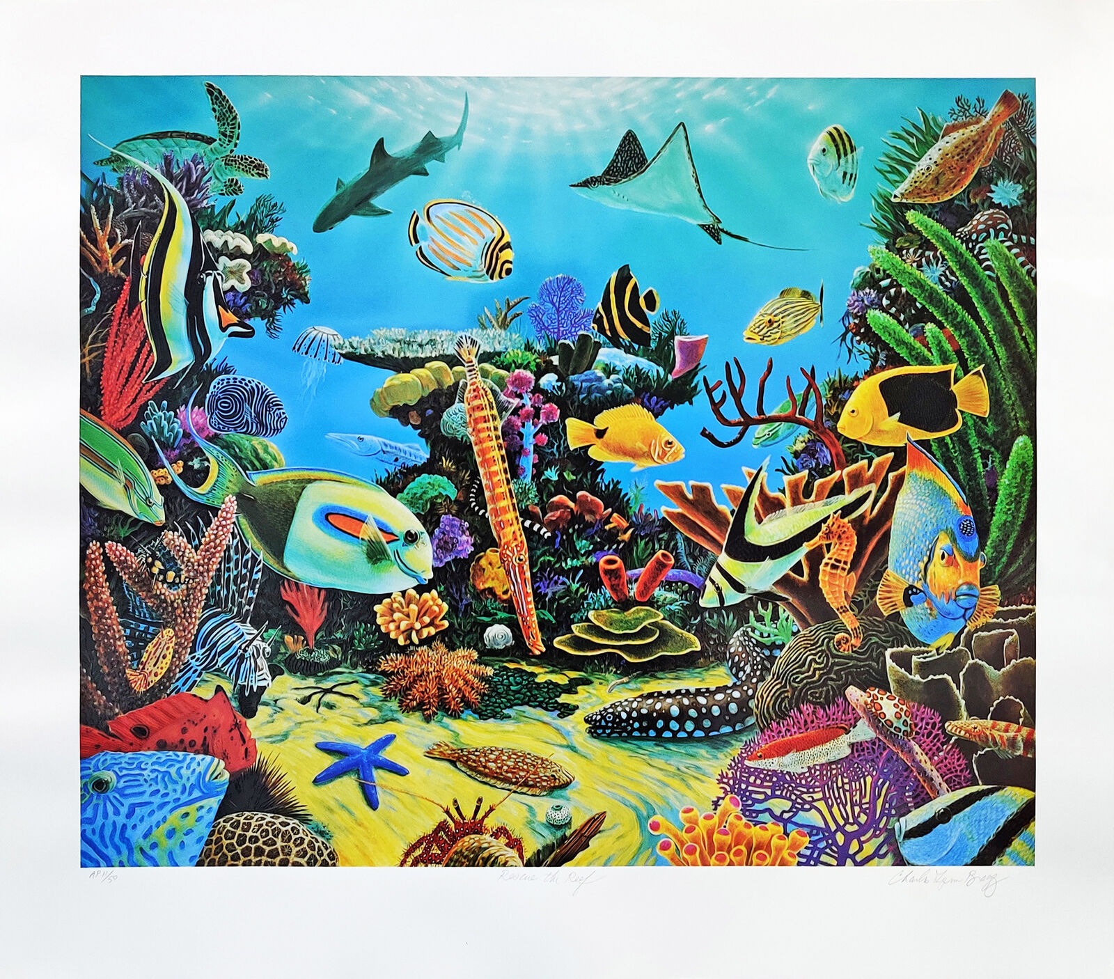 A painting of a colorful underwater scene with fish and corals.