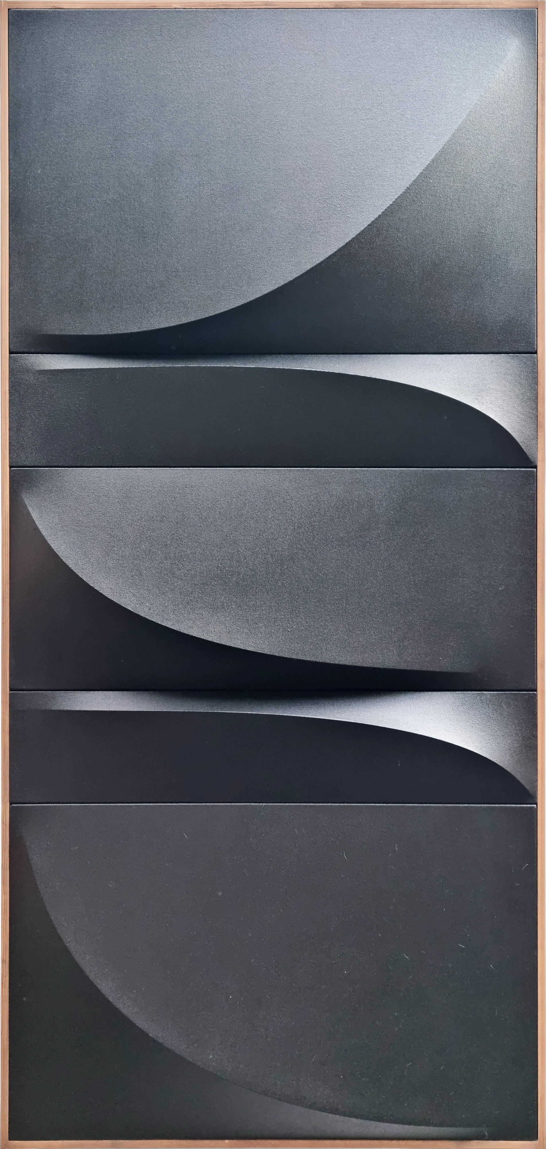 A black and white painting on a wooden frame.