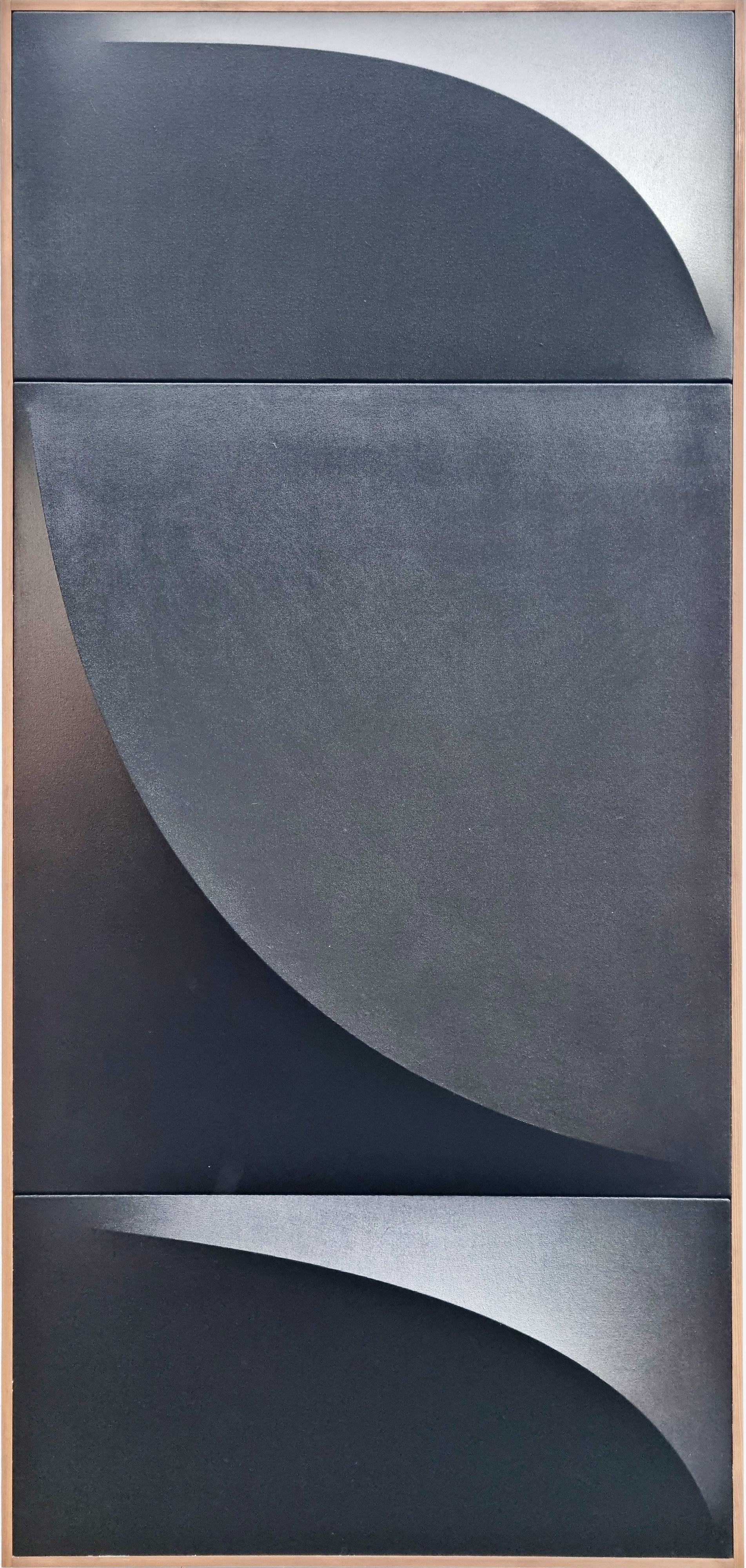 A black and silver abstract painting on a wooden frame.