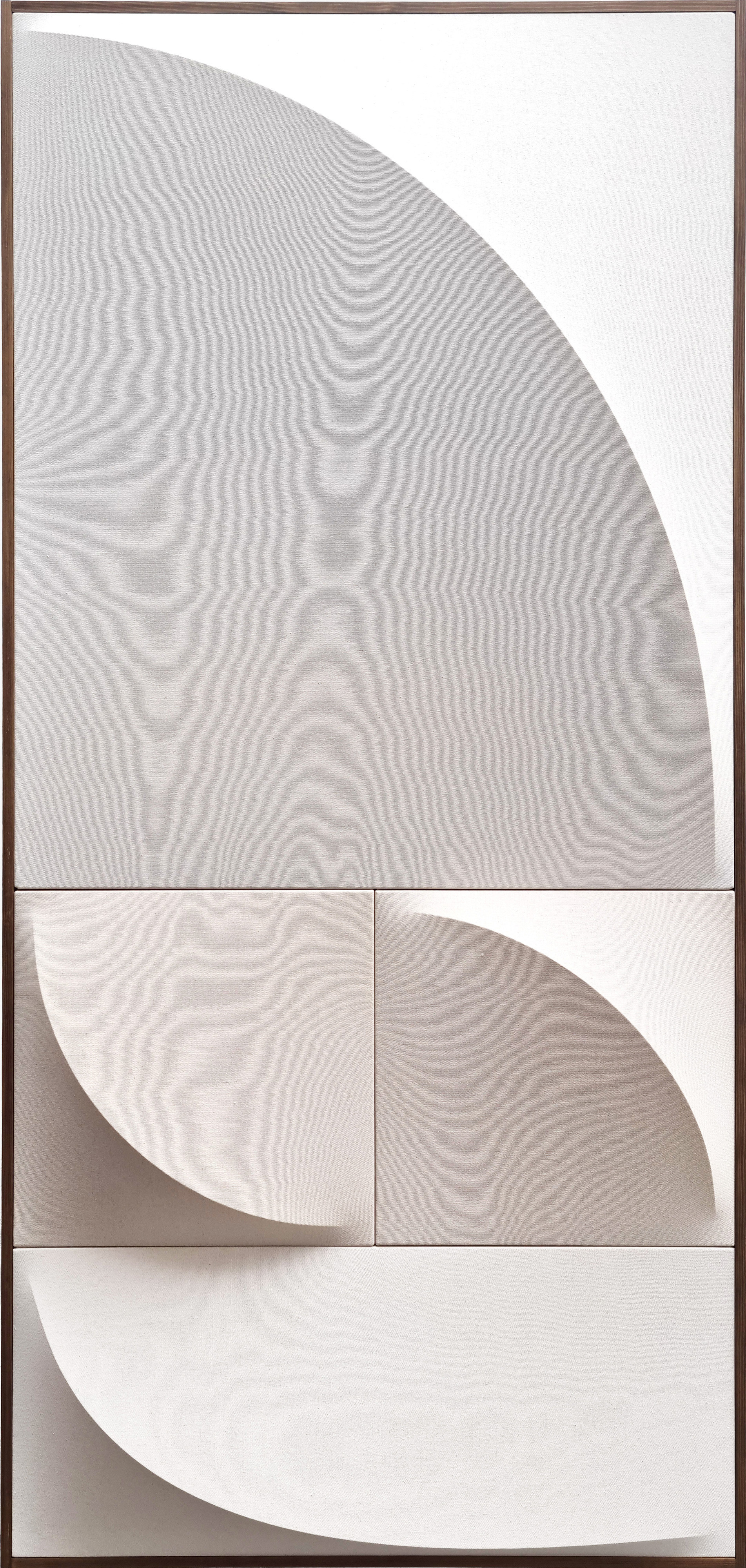 A white and brown abstract painting on a white wall.