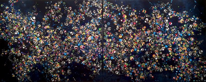 a painting of a large group of circles on a black background