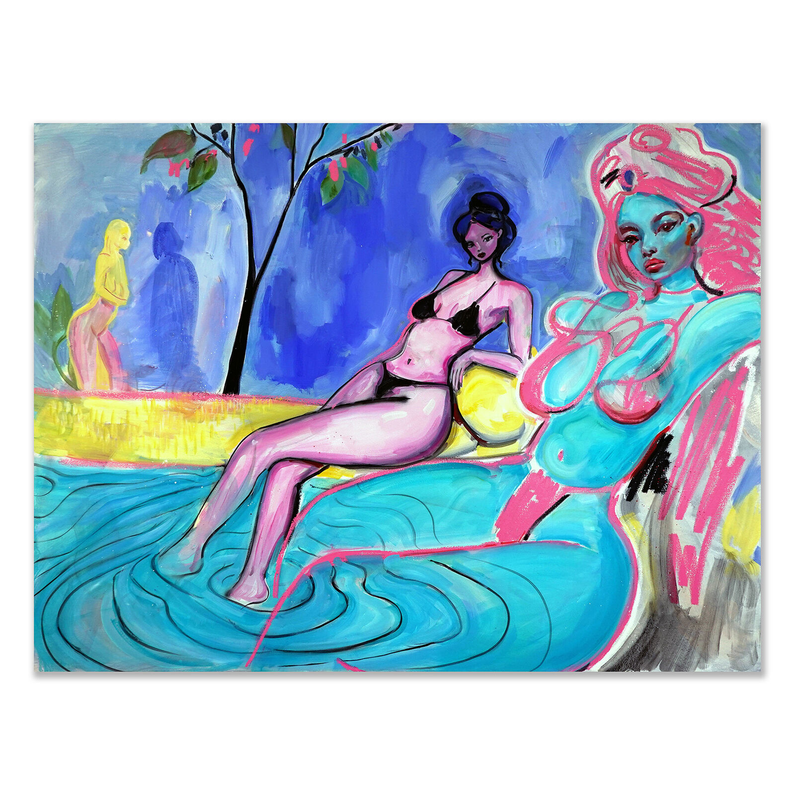 A painting of two women sitting on a beach chair.