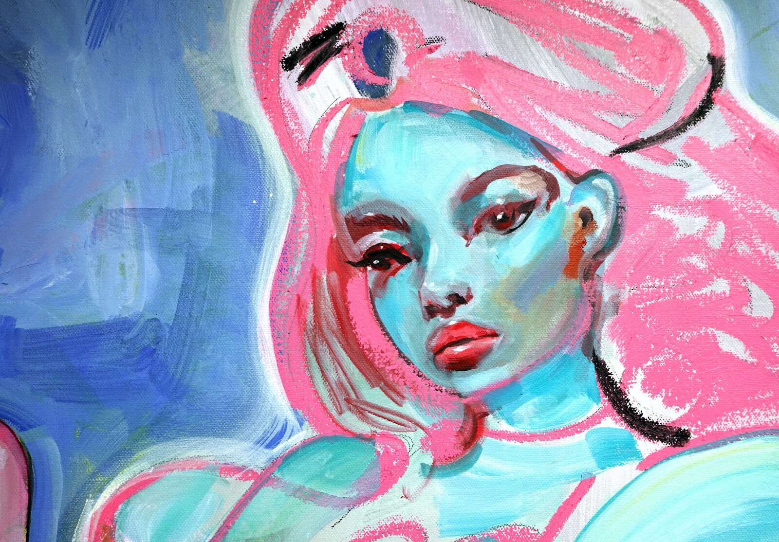 A painting of two women sitting on a beach chair.