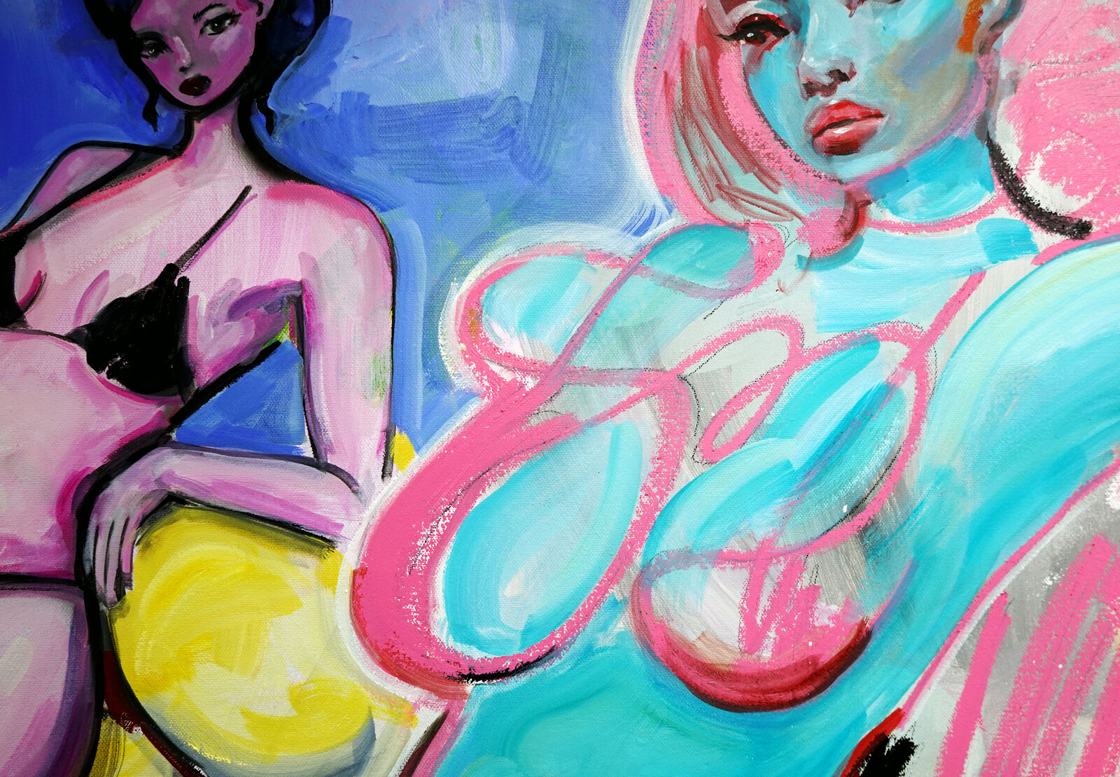 A painting of two women sitting on a beach chair.