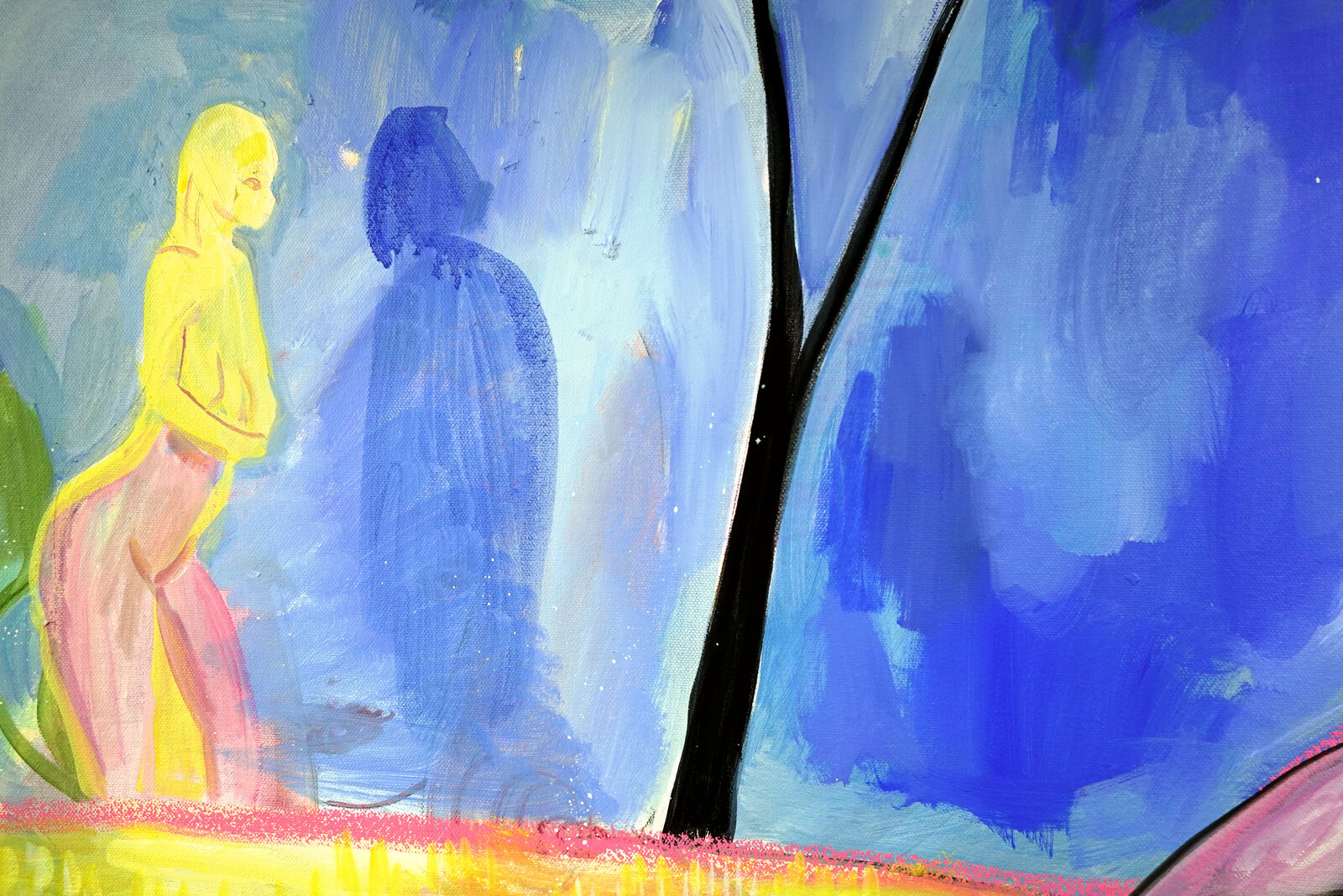 A painting of two women sitting on a beach chair.