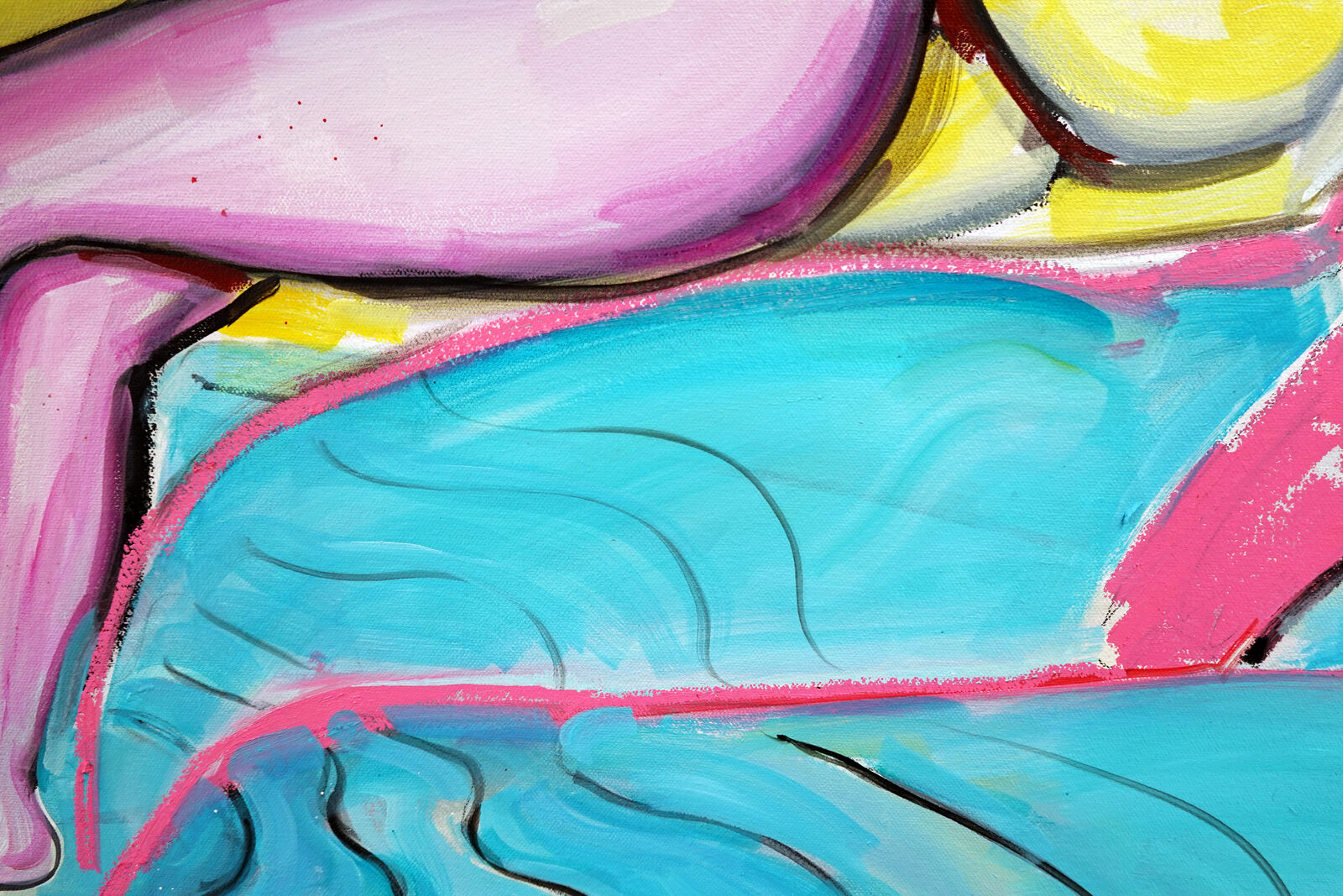 A painting of two women sitting on a beach chair.