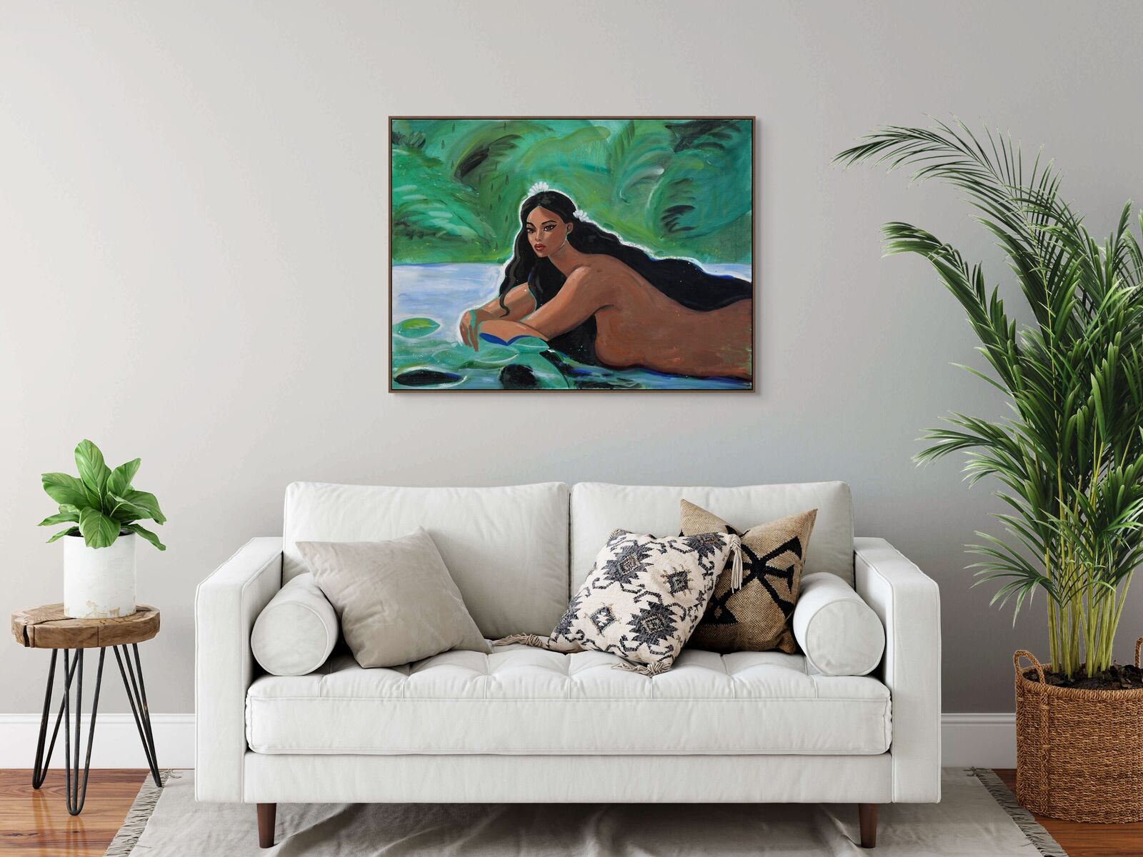 A painting of a woman sitting in the water.