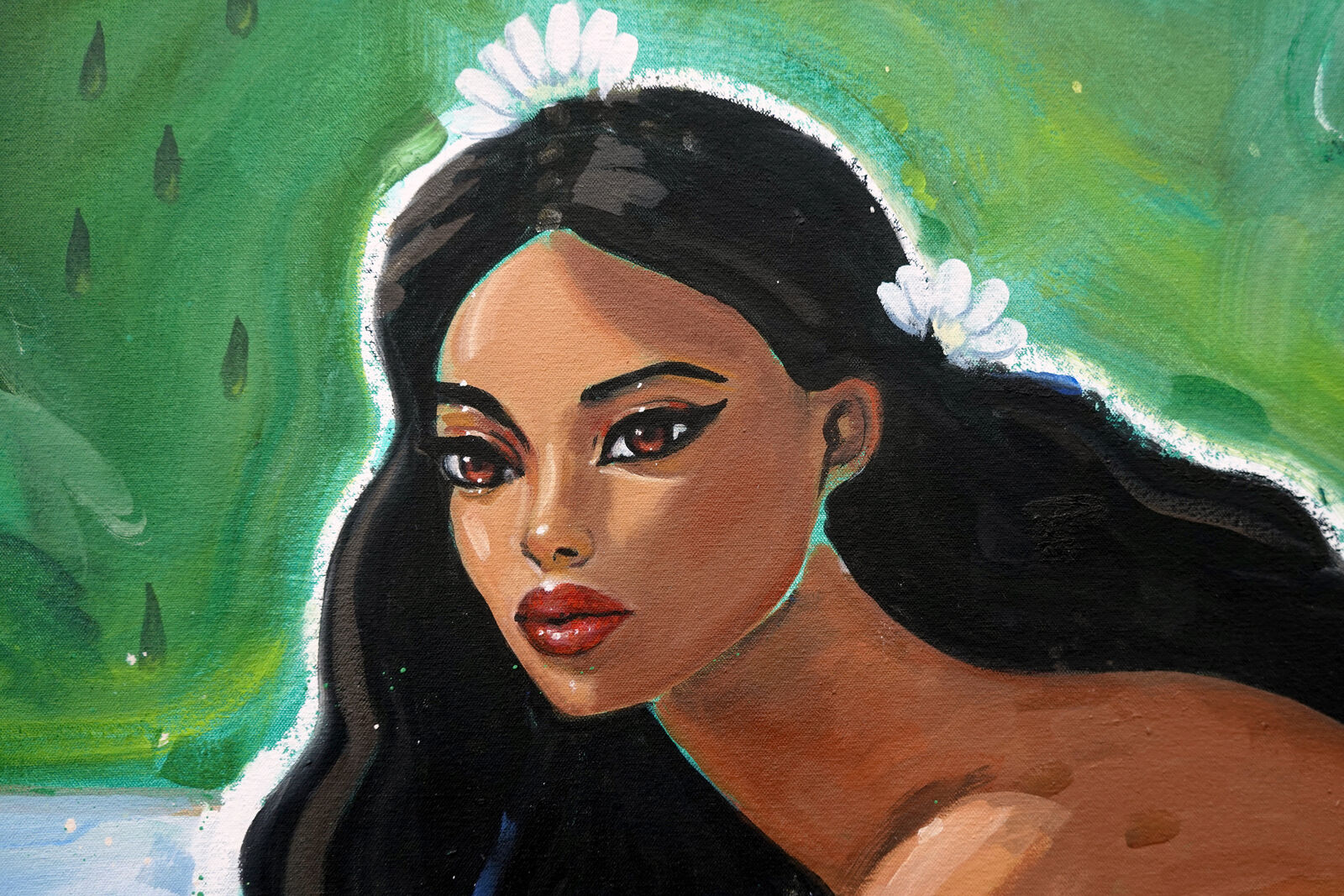 A painting of a woman sitting in the water.