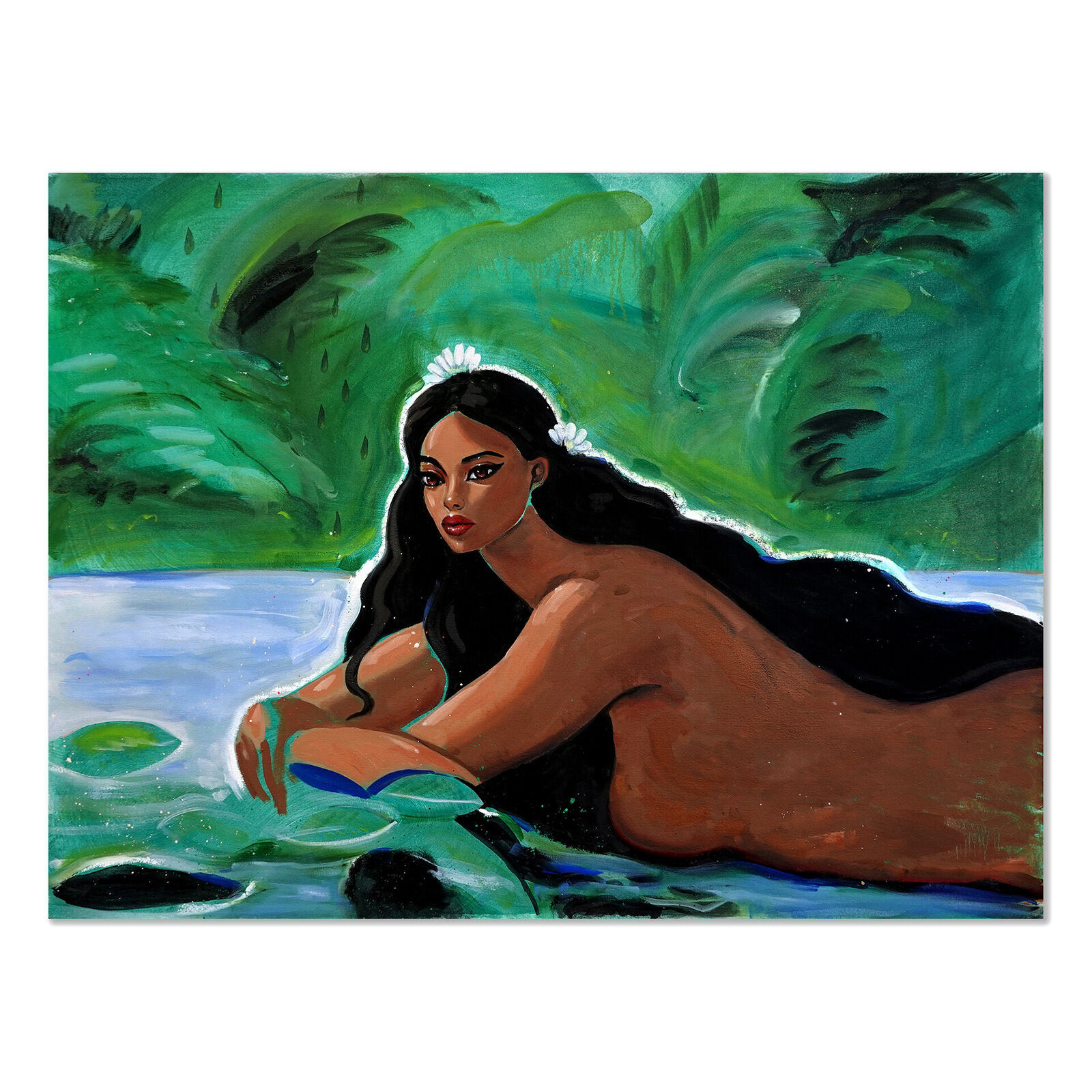 A painting of a woman sitting in the water.