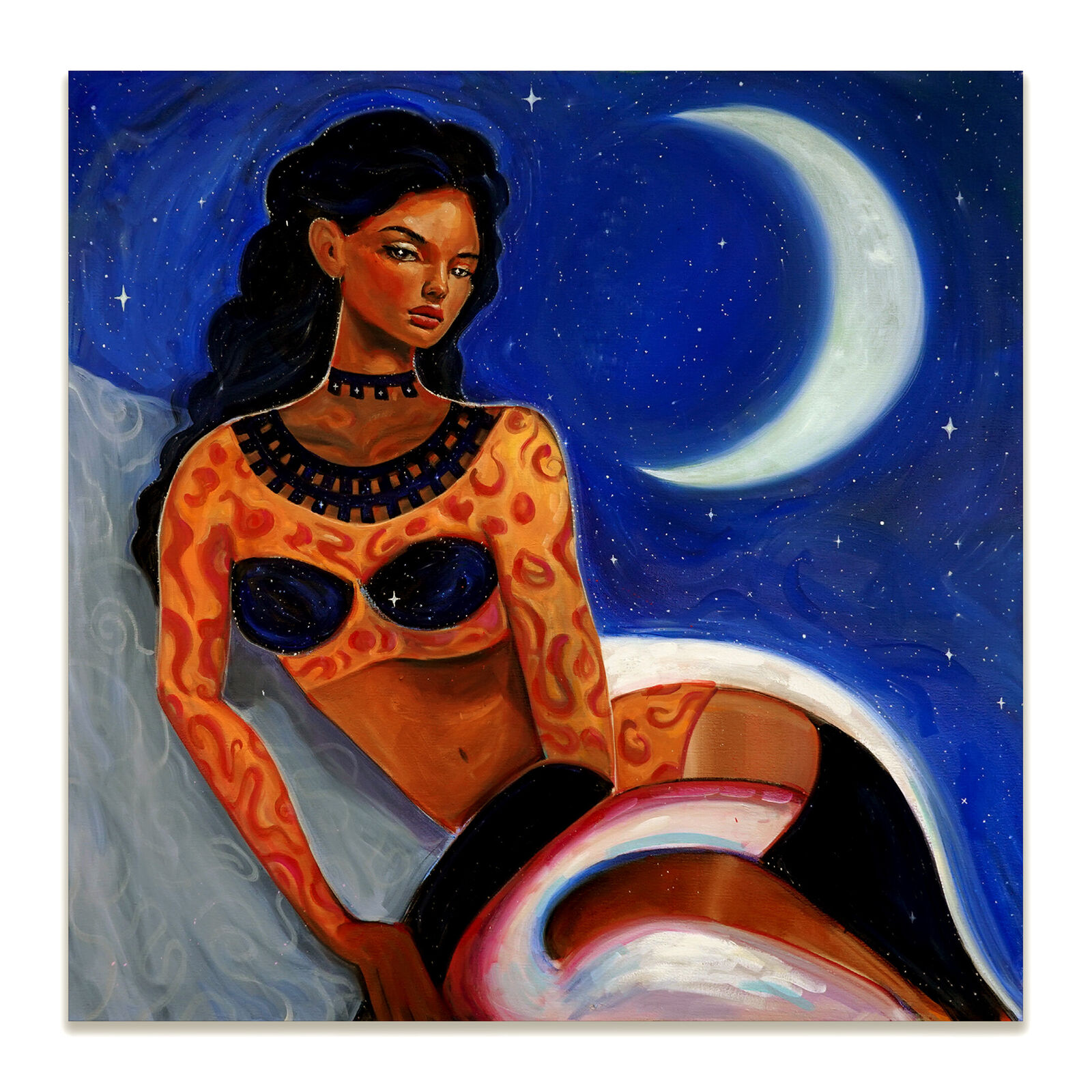 A painting of a woman sitting on a rock with a moon in the background.