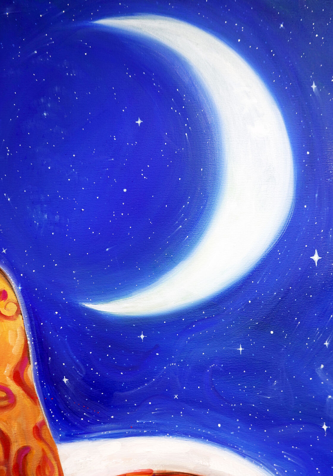 A painting of a woman sitting on a rock with a moon in the background.