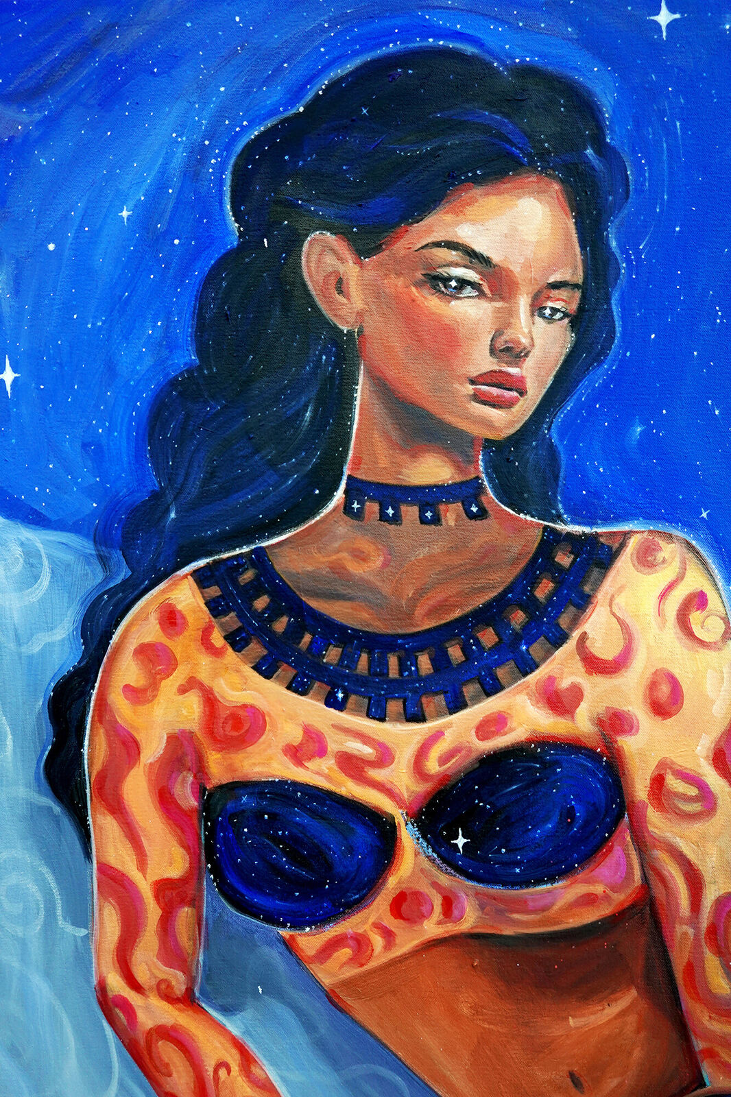 A painting of a woman sitting on a rock with a moon in the background.