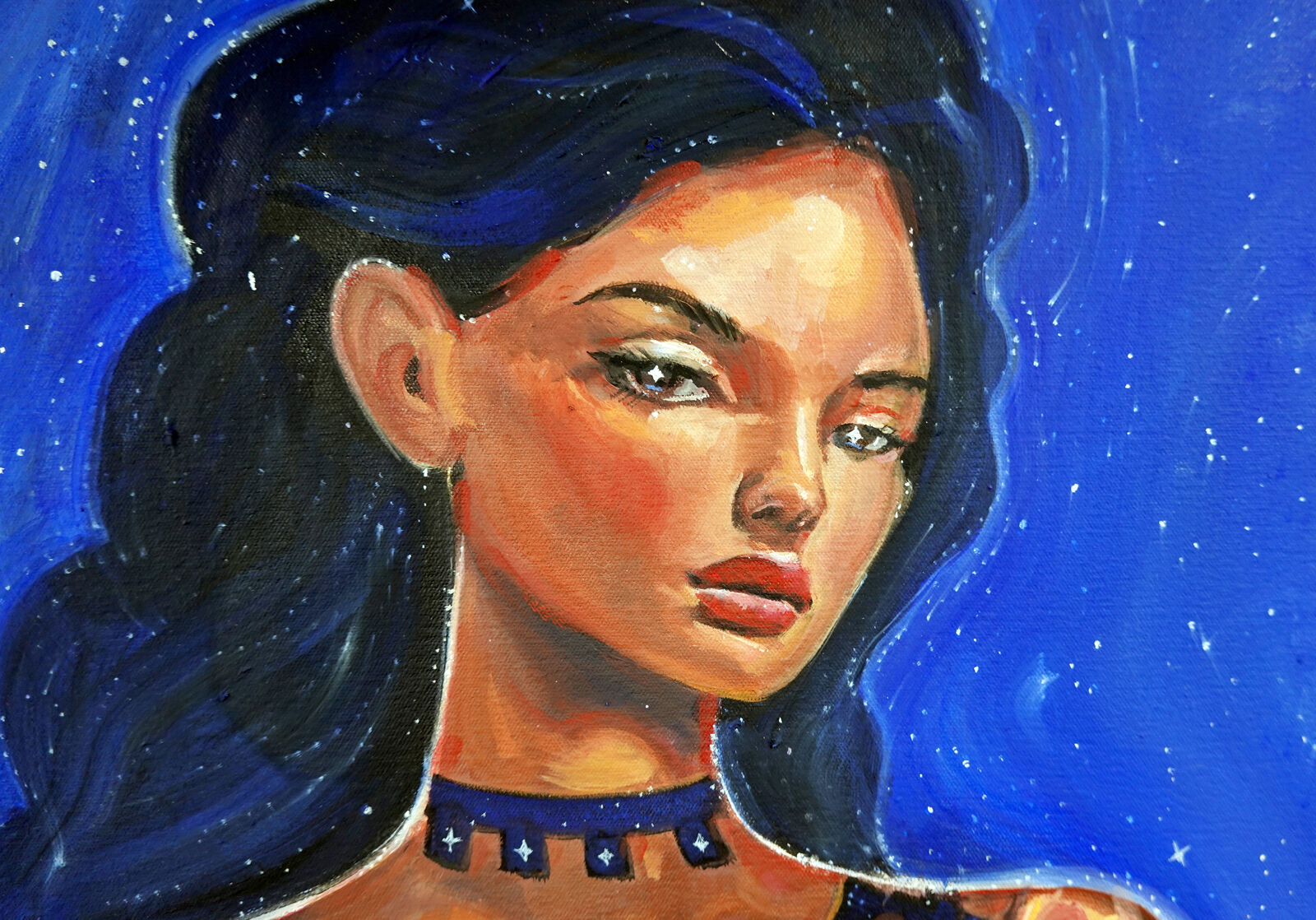 A painting of a woman sitting on a rock with a moon in the background.