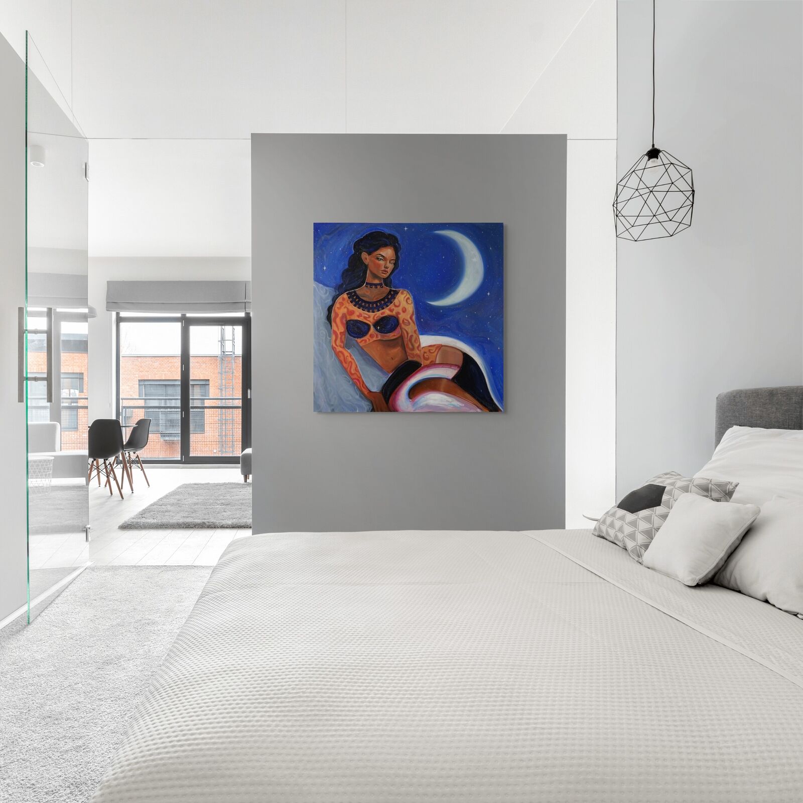 A painting of a woman sitting on a rock with a moon in the background.