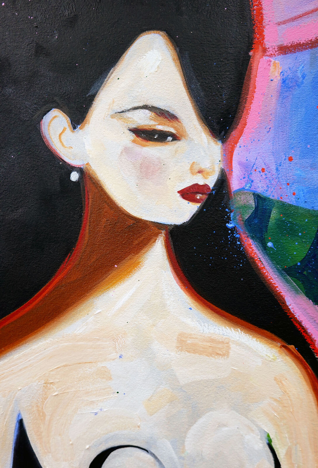 A painting of three women sitting on a bench.