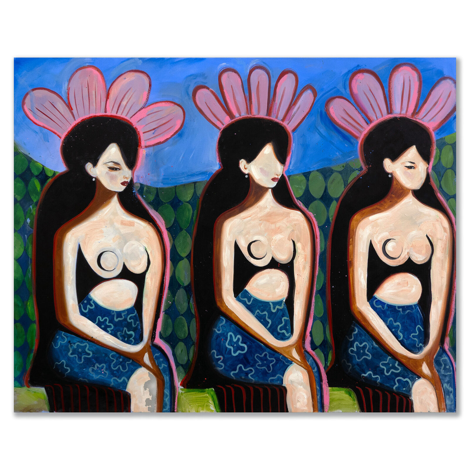 A painting of three women sitting on a bench.