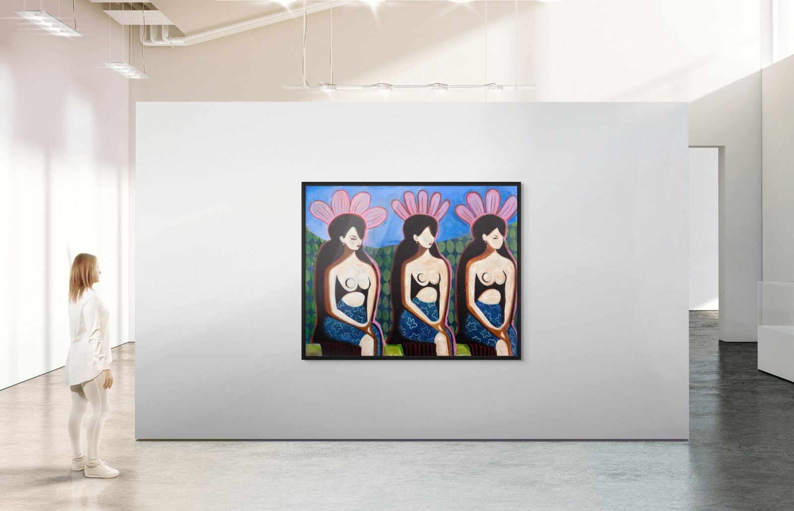 A painting of three women sitting on a bench.