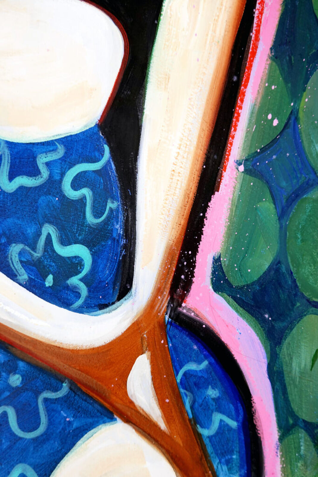 A painting of three women sitting on a bench.