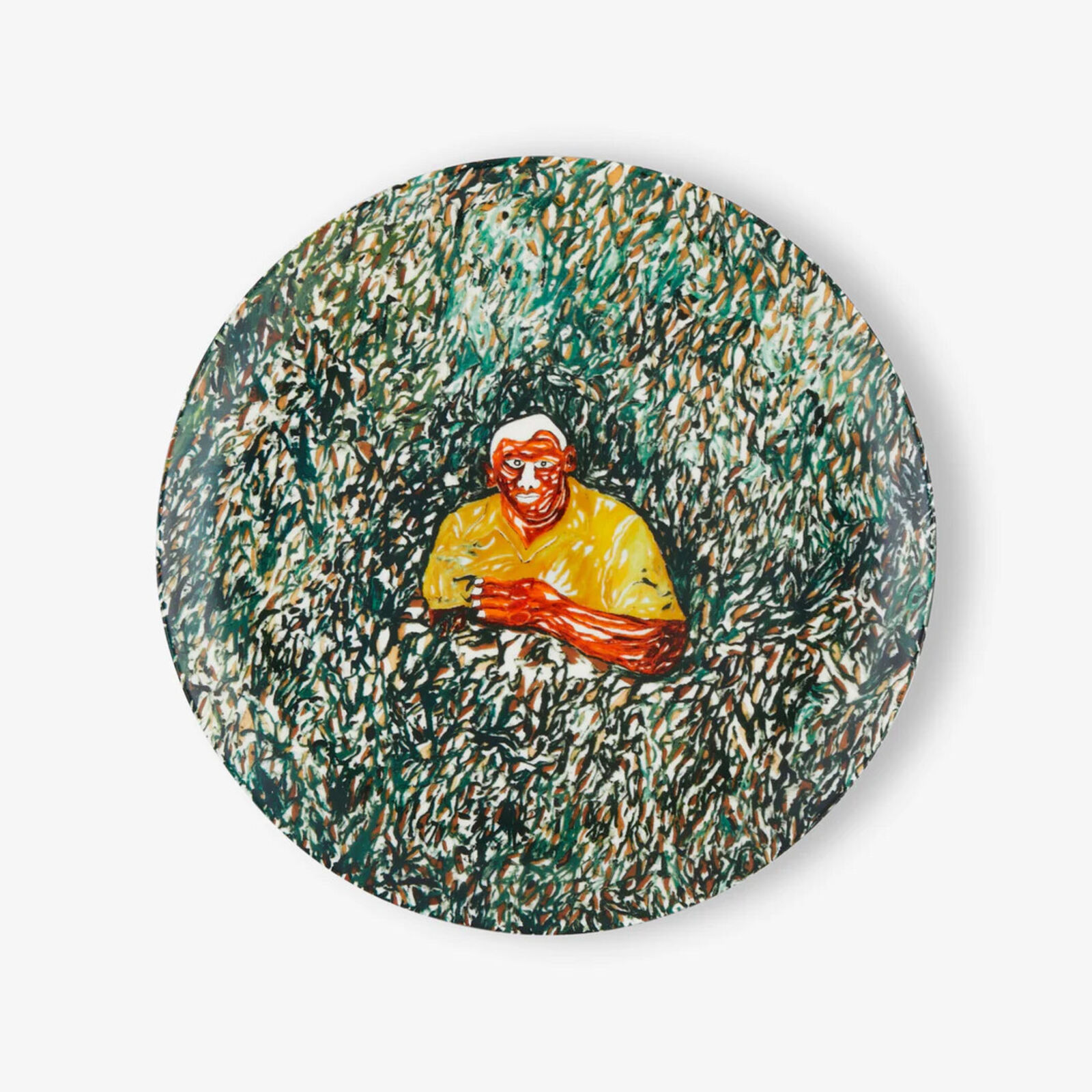 A painting of a man sitting in a field of grass.