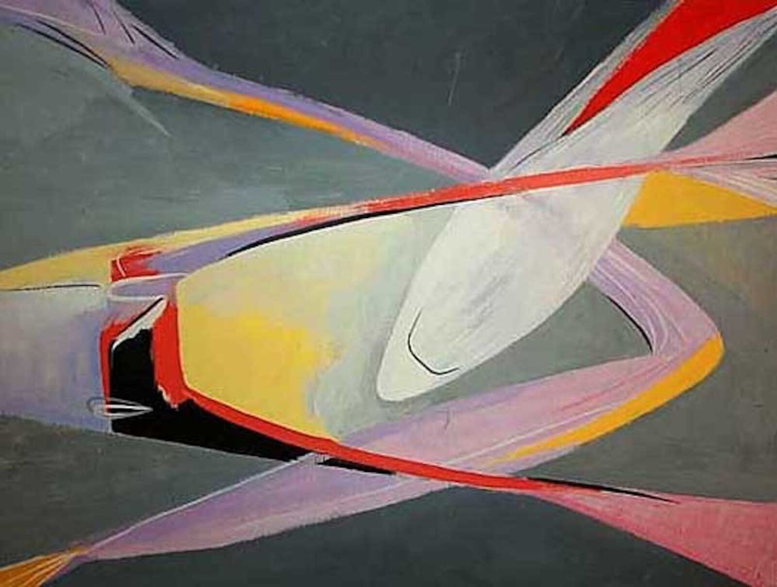 A painting of a white and red abstract painting on a black background.