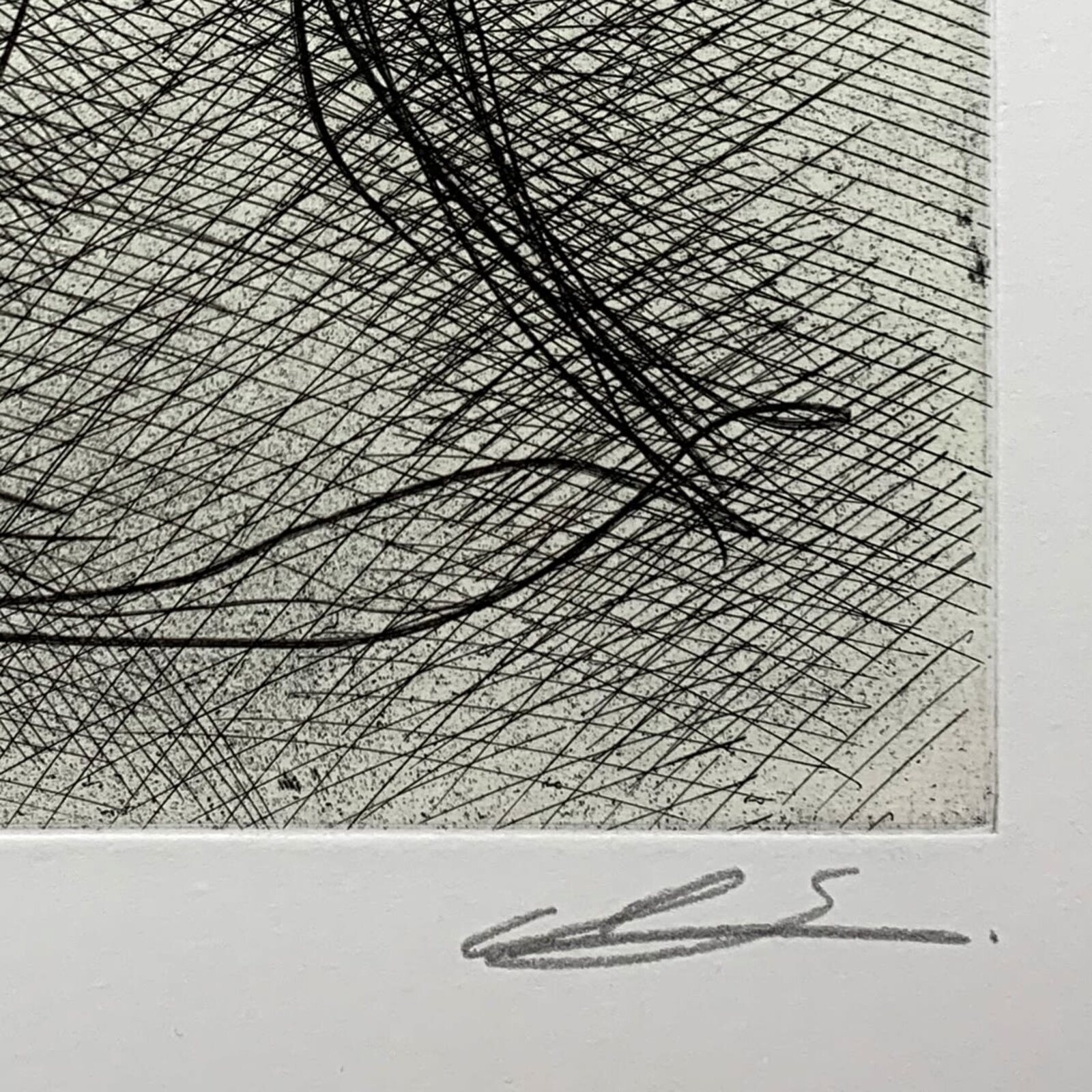 A minimalist framed etching featuring a stylized figure rendered in dense cross-hatching against a stark white background.