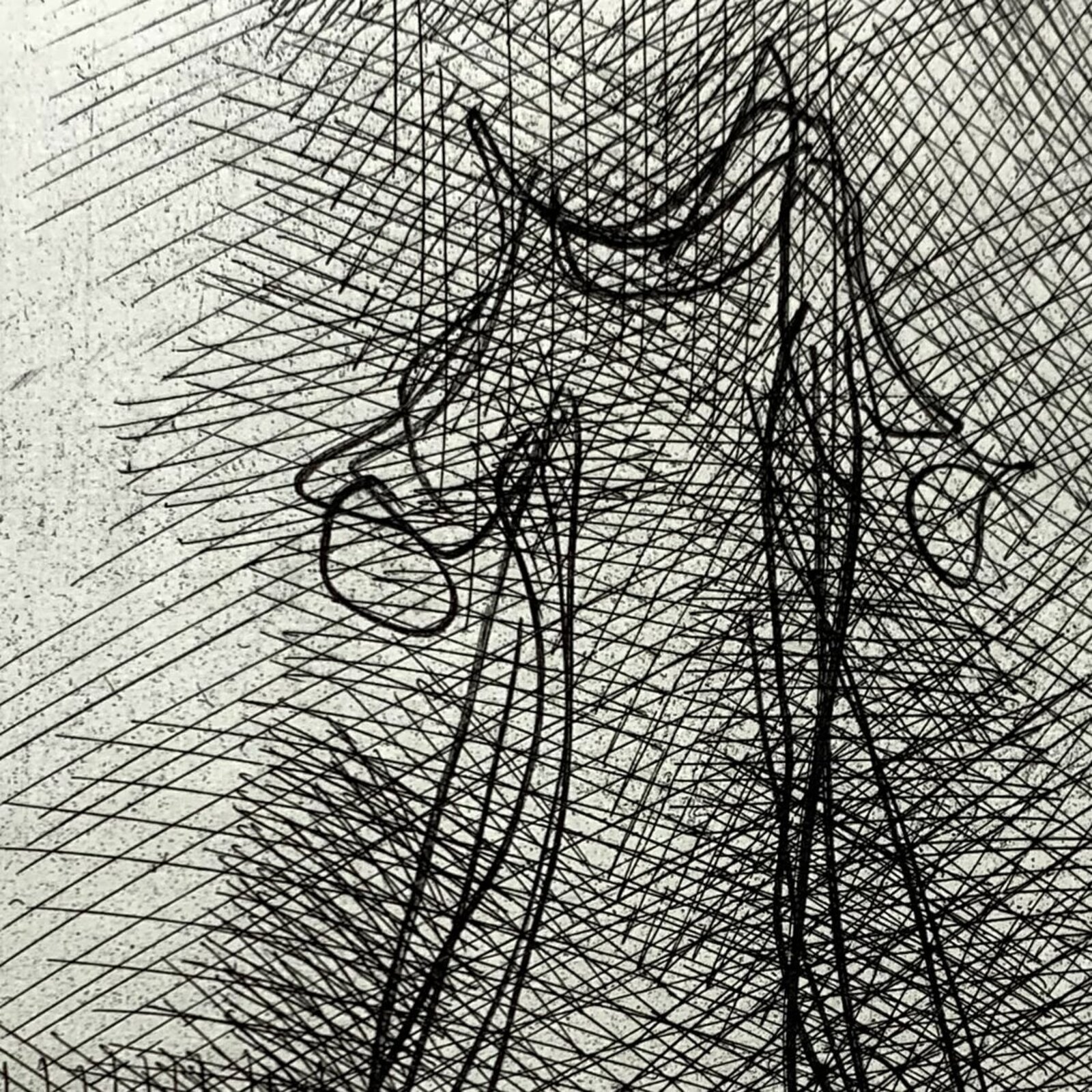 A minimalist framed etching featuring a stylized figure rendered in dense cross-hatching against a stark white background.