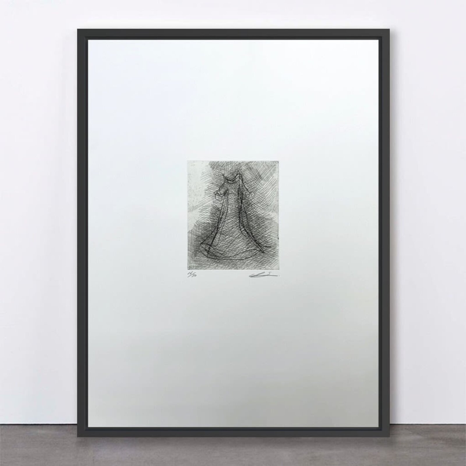 A minimalist framed etching featuring a stylized figure rendered in dense cross-hatching against a stark white background.