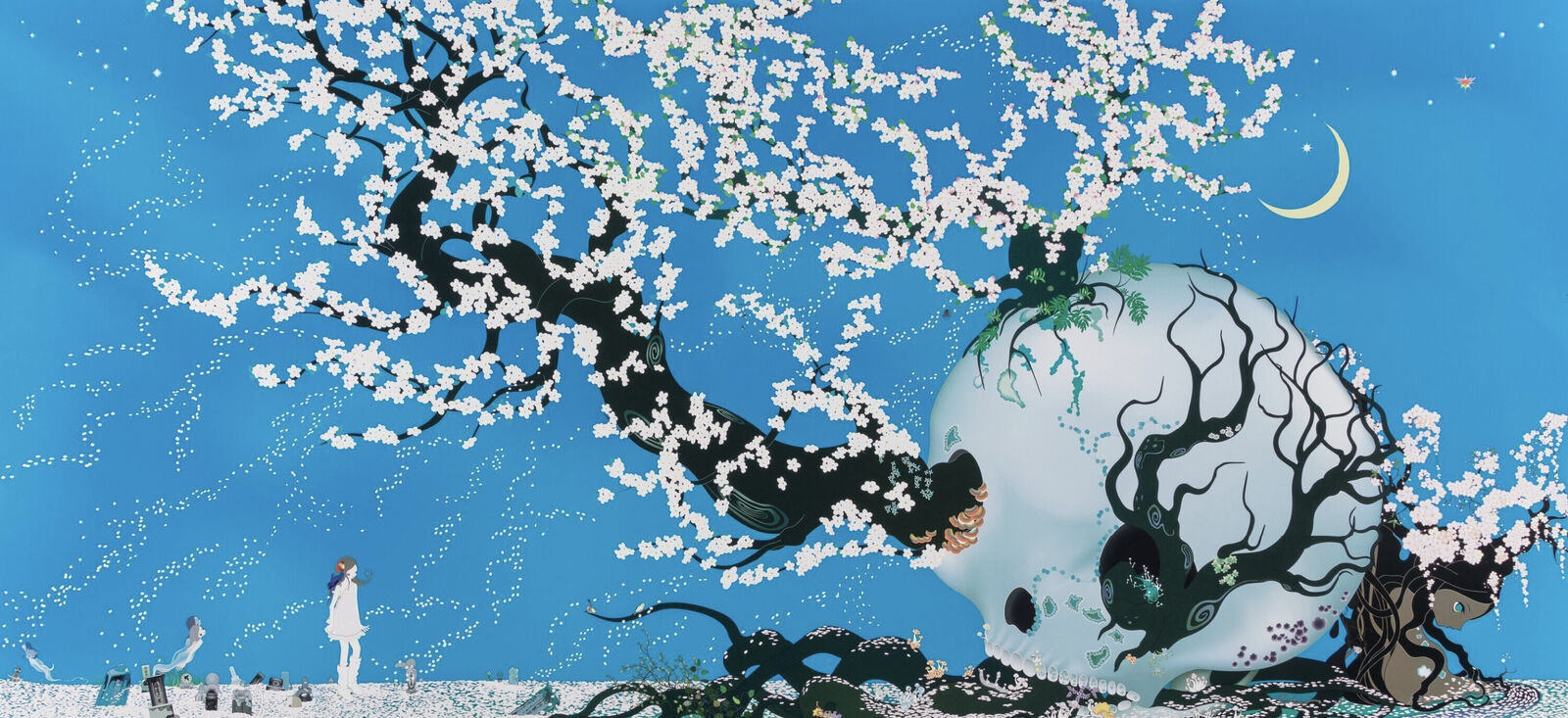 A painting of a skull with a tree in the background.