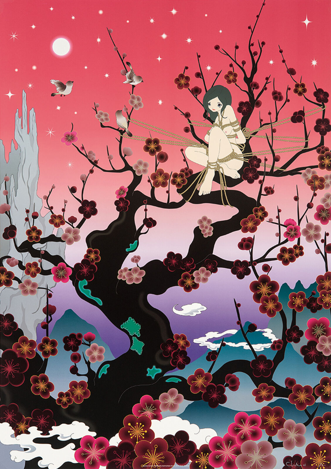 A woman sitting on a cherry blossom tree with birds flying around her.